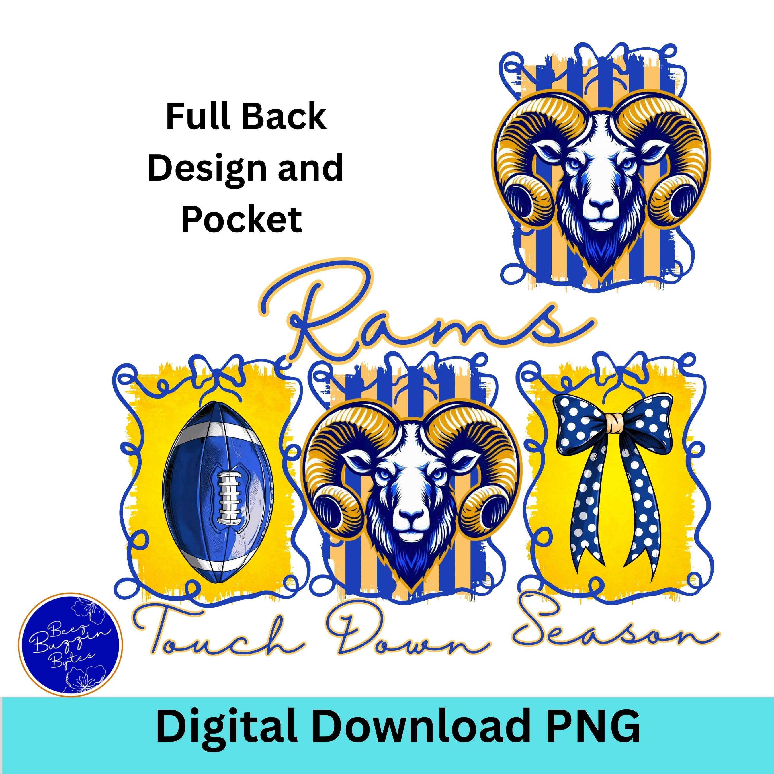 Rams Coquette Bow Touch Down Season Design PNG Blue Gold