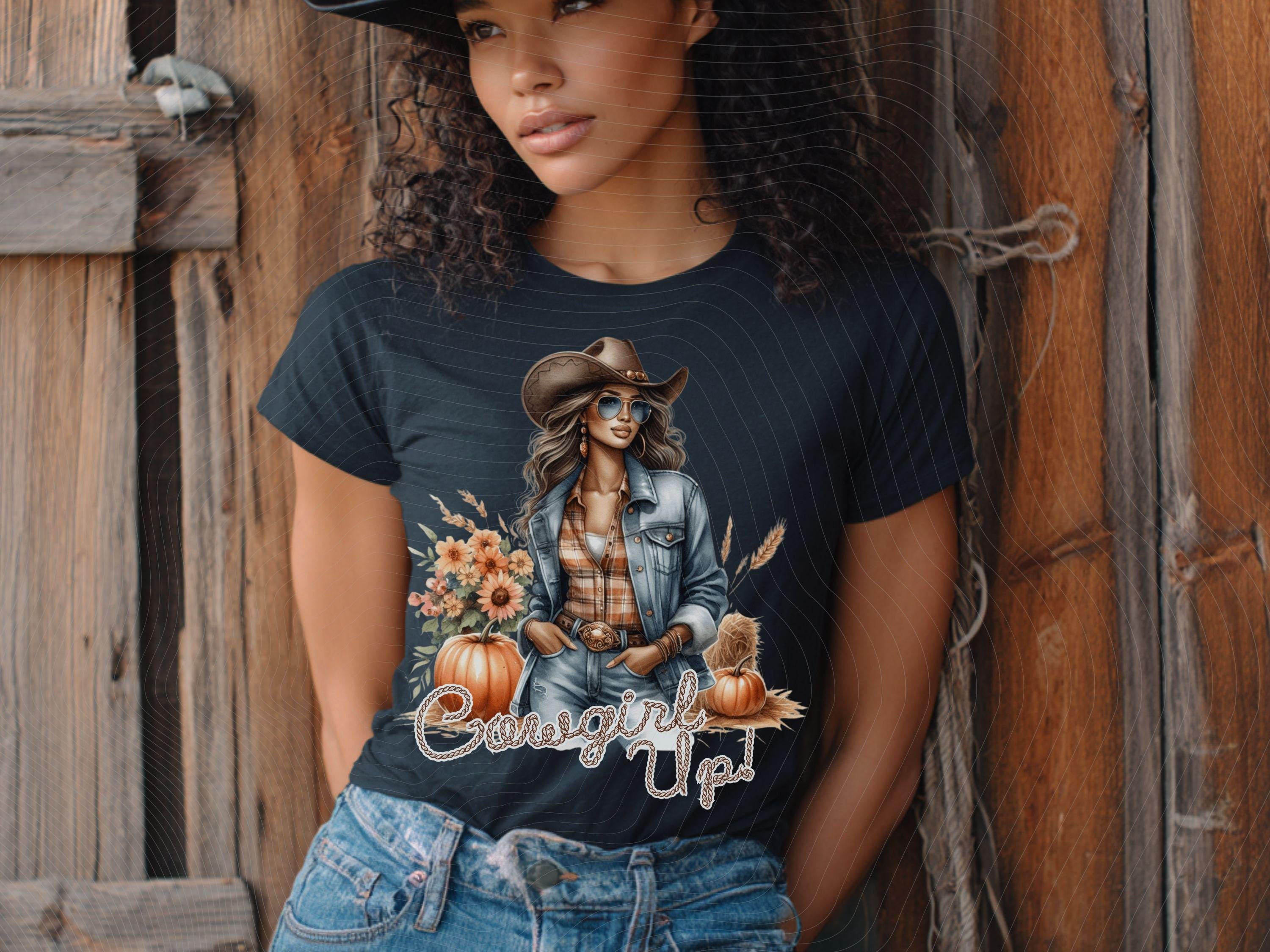 Cowgirl Up Fall Retro Western Cool Melanin Girl PNG,