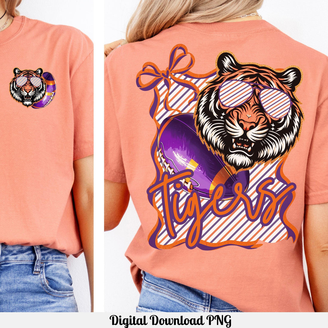Tigers Cool Coquette Bow Stipe Design Football PNG purple orange