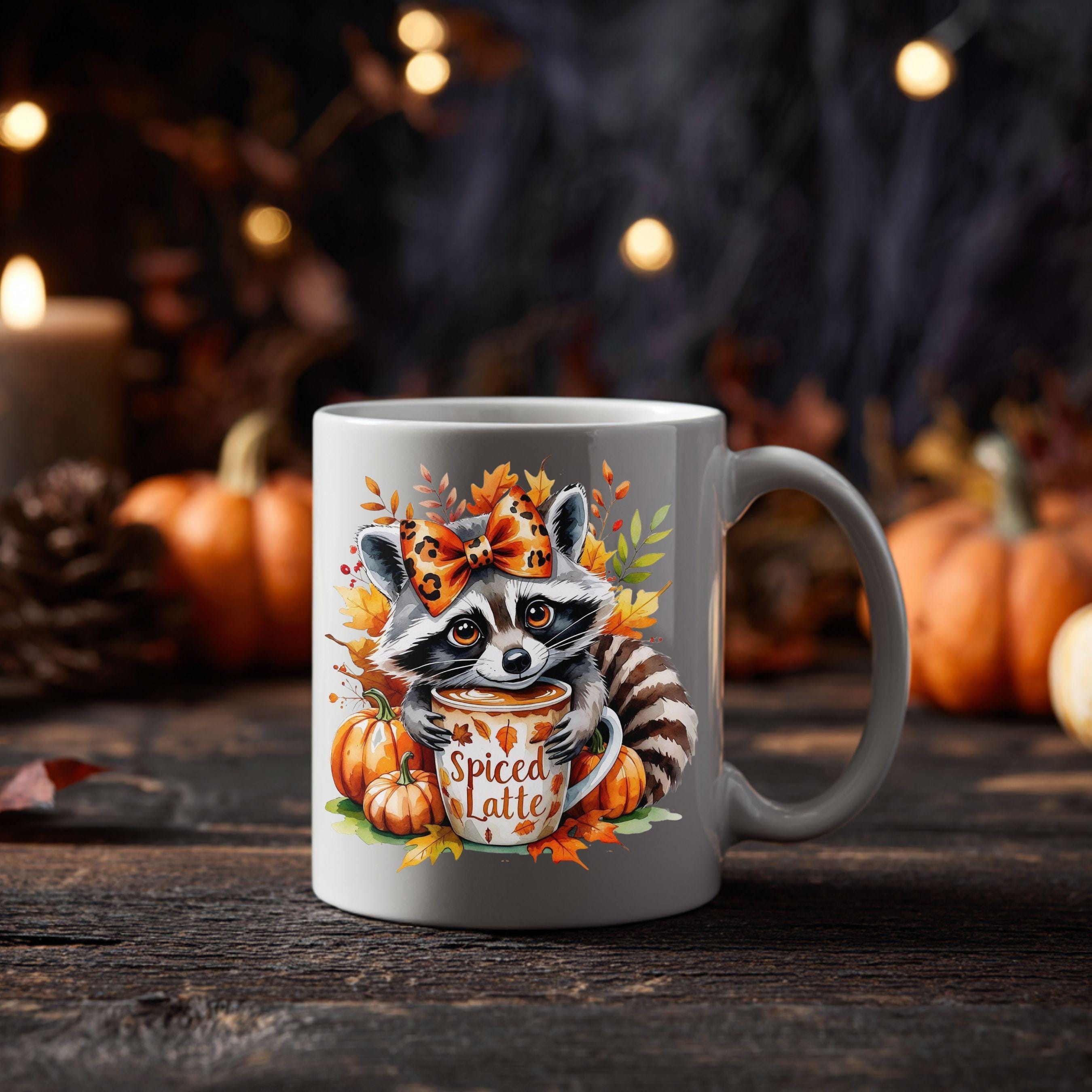 Cute Raccoon Coquette Bow Hugging Spiced Latte Fall Inspired PNG