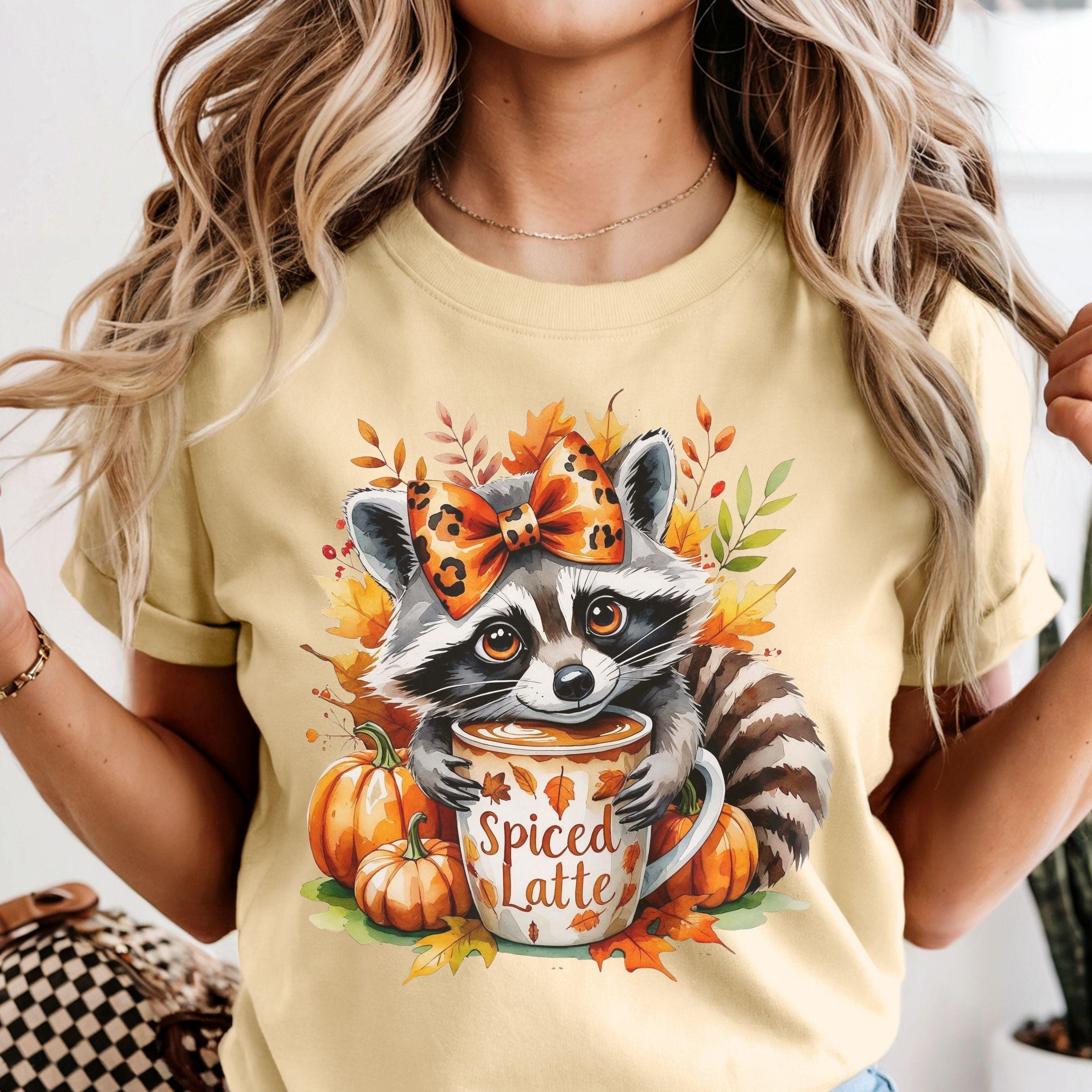 Cute Raccoon Coquette Bow Hugging Spiced Latte Fall Inspired PNG