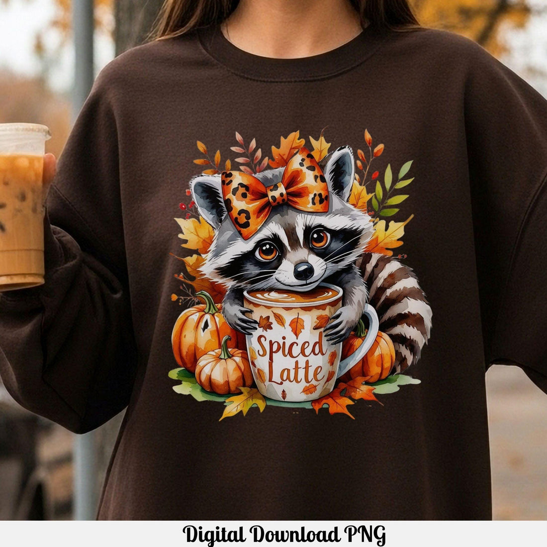 Cute Raccoon Coquette Bow Hugging Spiced Latte Fall Inspired PNG