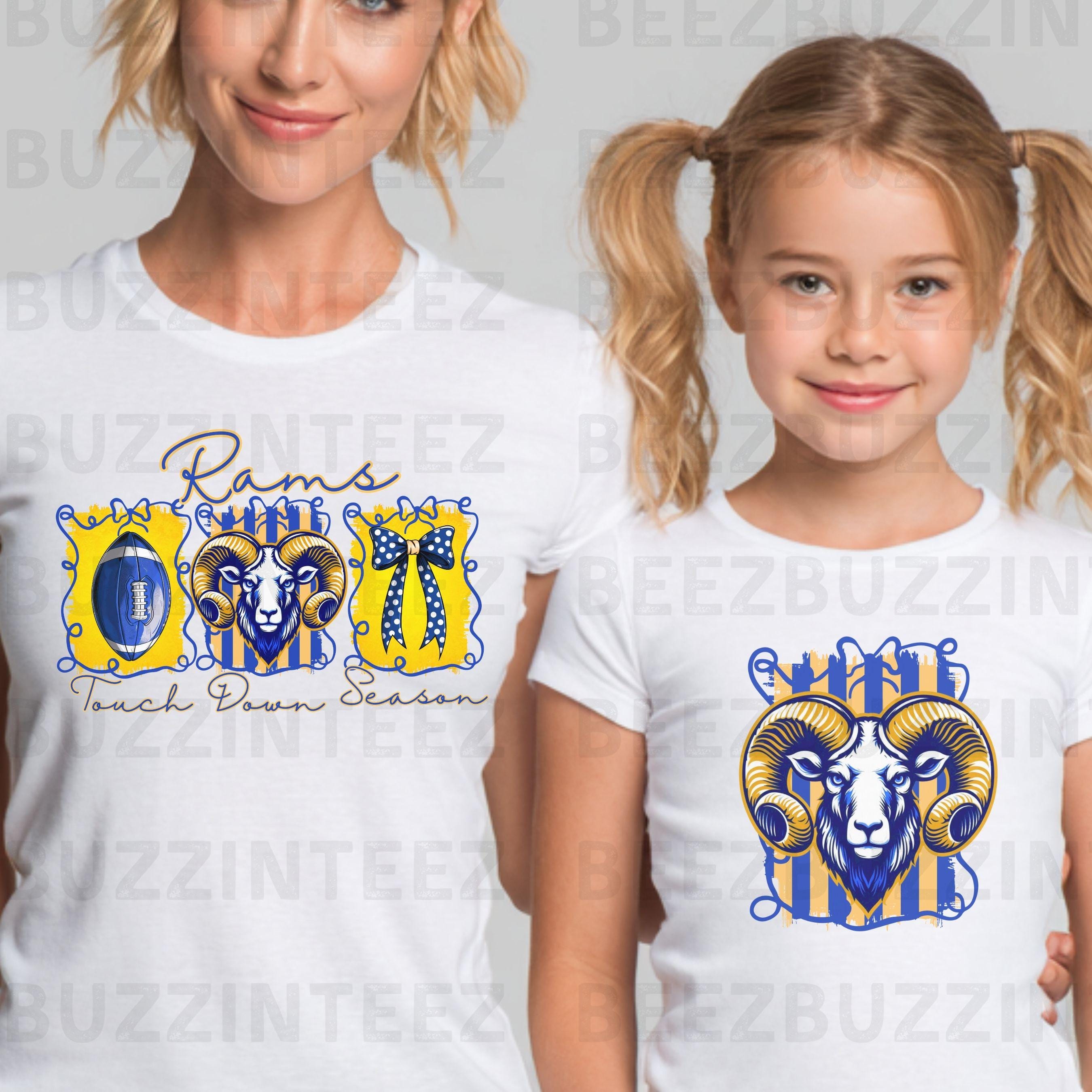 Rams Coquette Bow Touch Down Season Design PNG Blue Gold