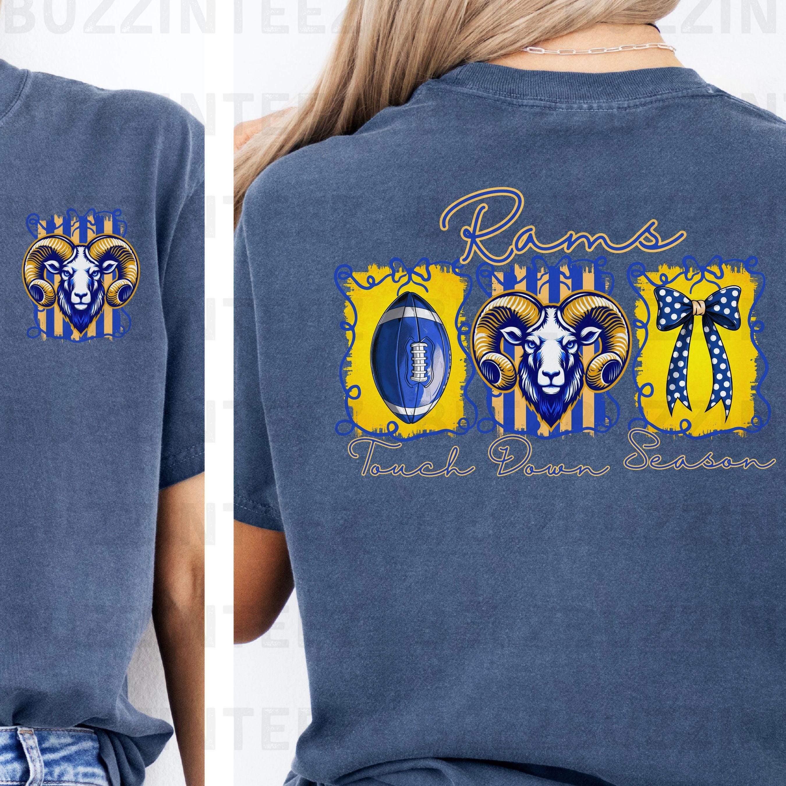 Rams Coquette Bow Touch Down Season Design PNG Blue Gold