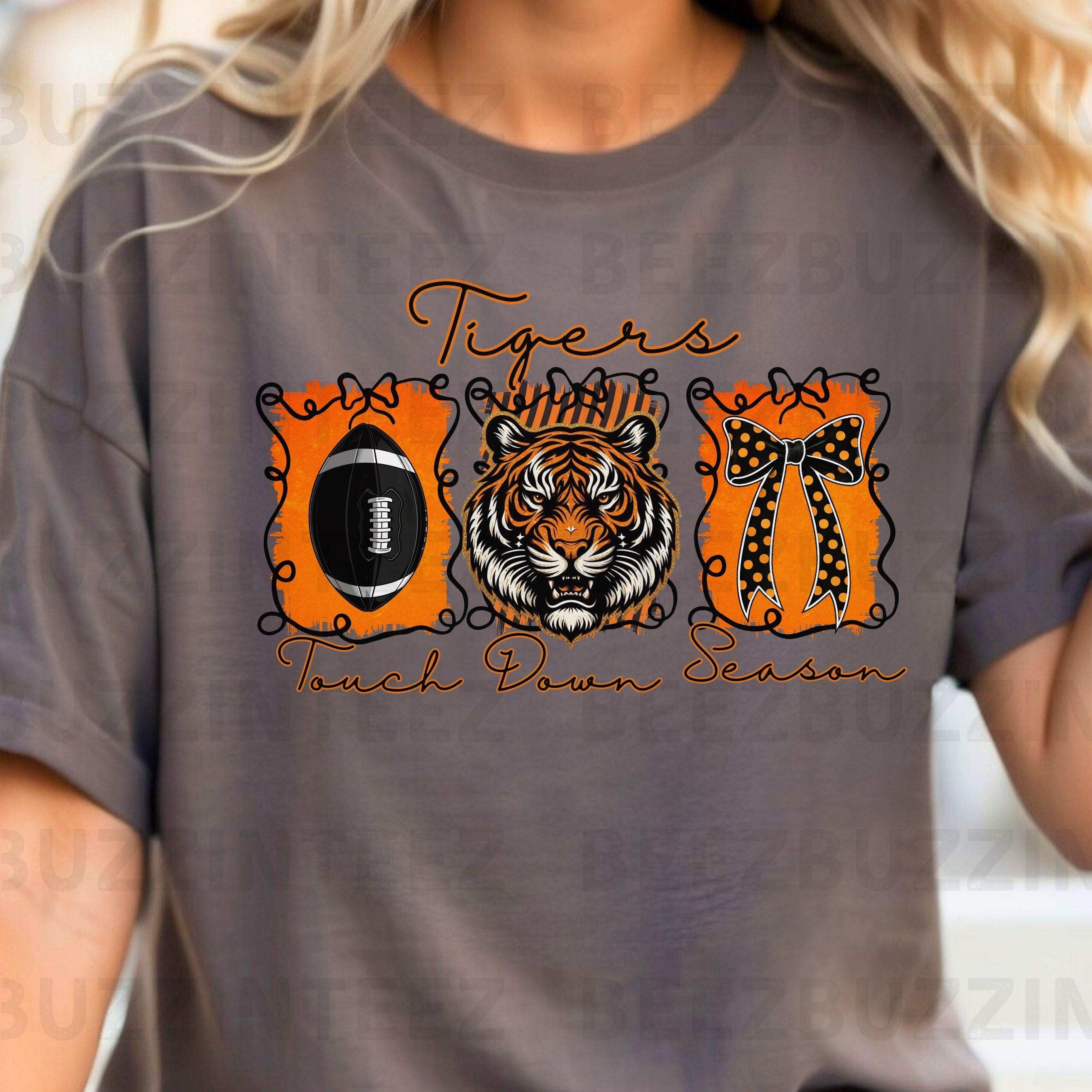 Tigers Coquette Bow Touch Down Season Football PNG Black Orange