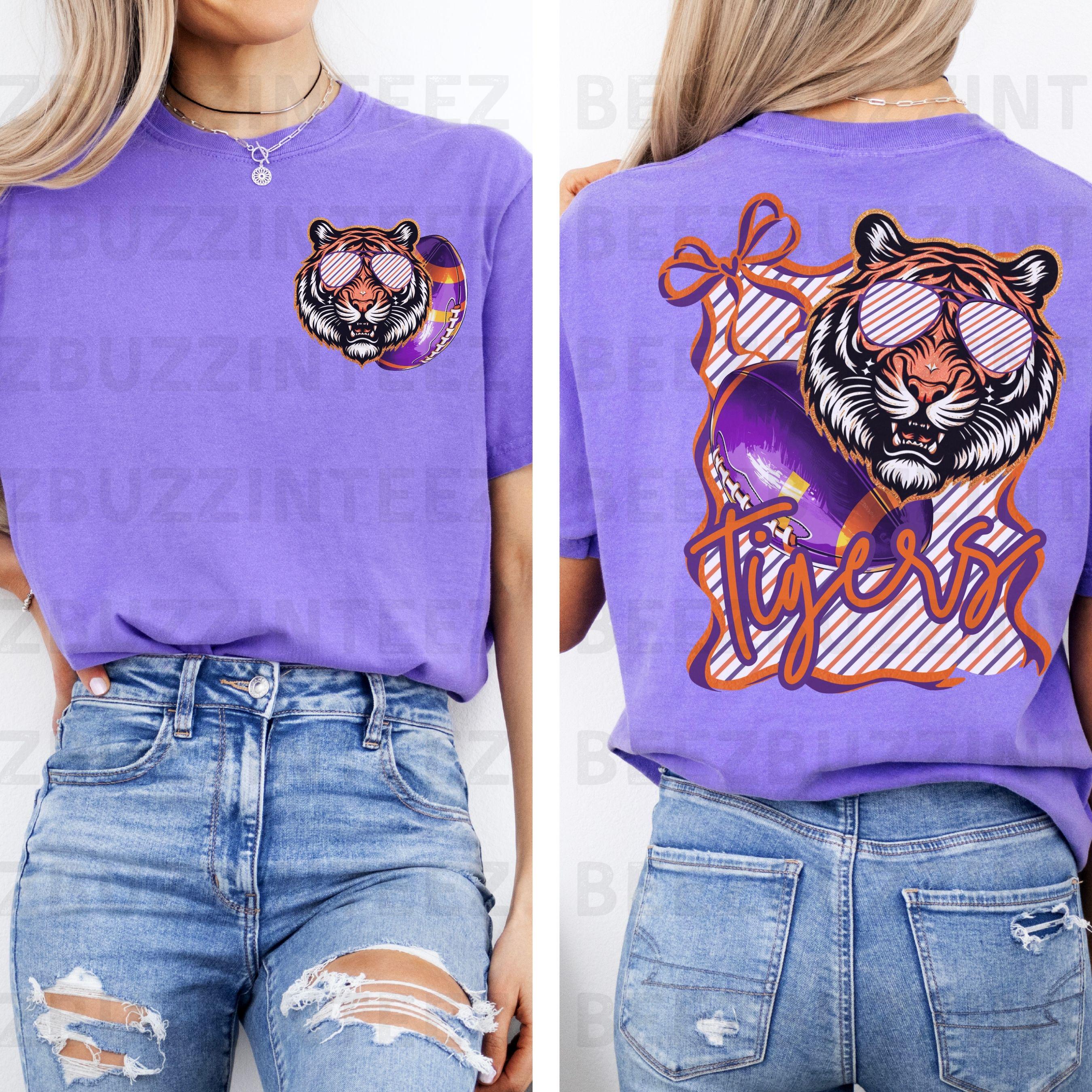Tigers Cool Coquette Bow Stipe Design Football PNG purple orange