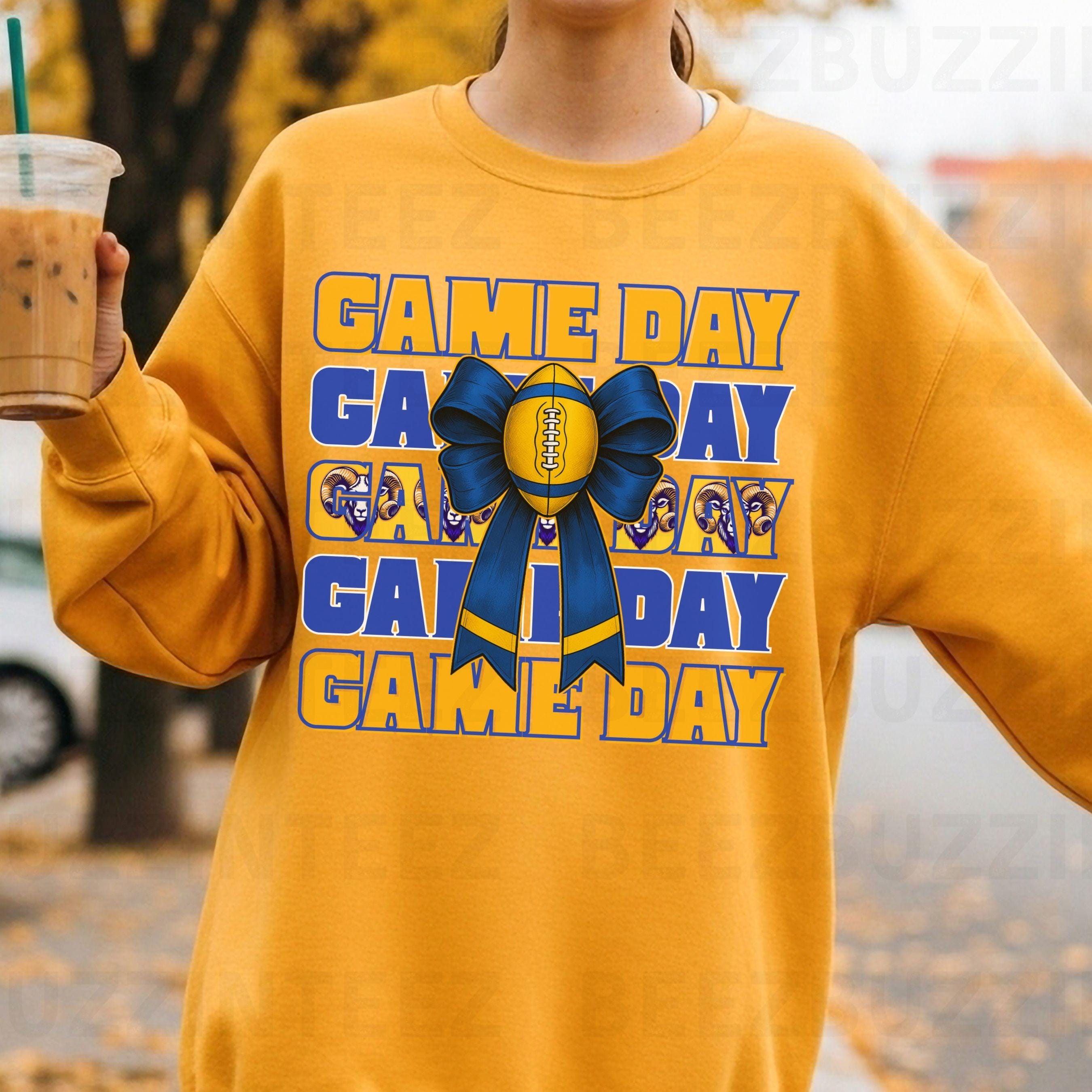 Game Day Rams Blue & Gold Football Bow Design PNG