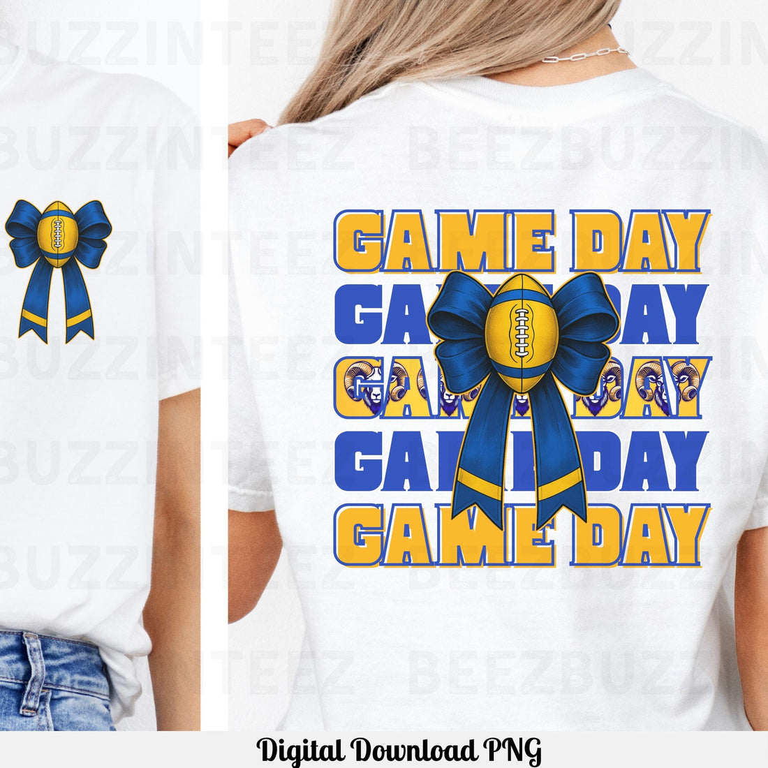 Game Day Rams Blue & Gold Football Bow Design PNG