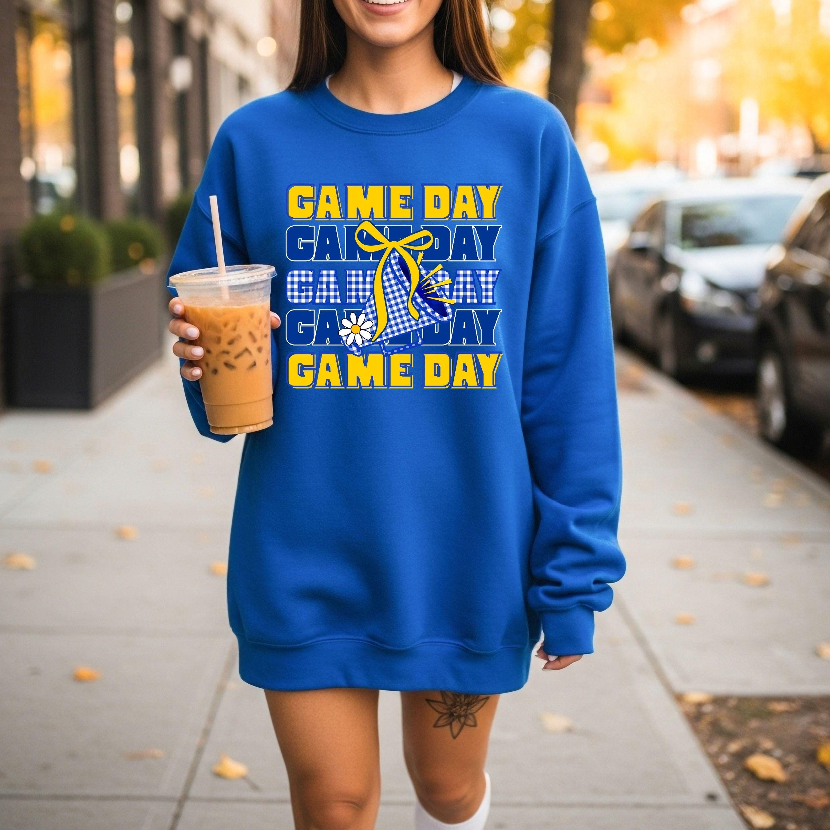 Game Day Blue & Yellow Gingham Cheer Megaphone with Coquette Bow PNG