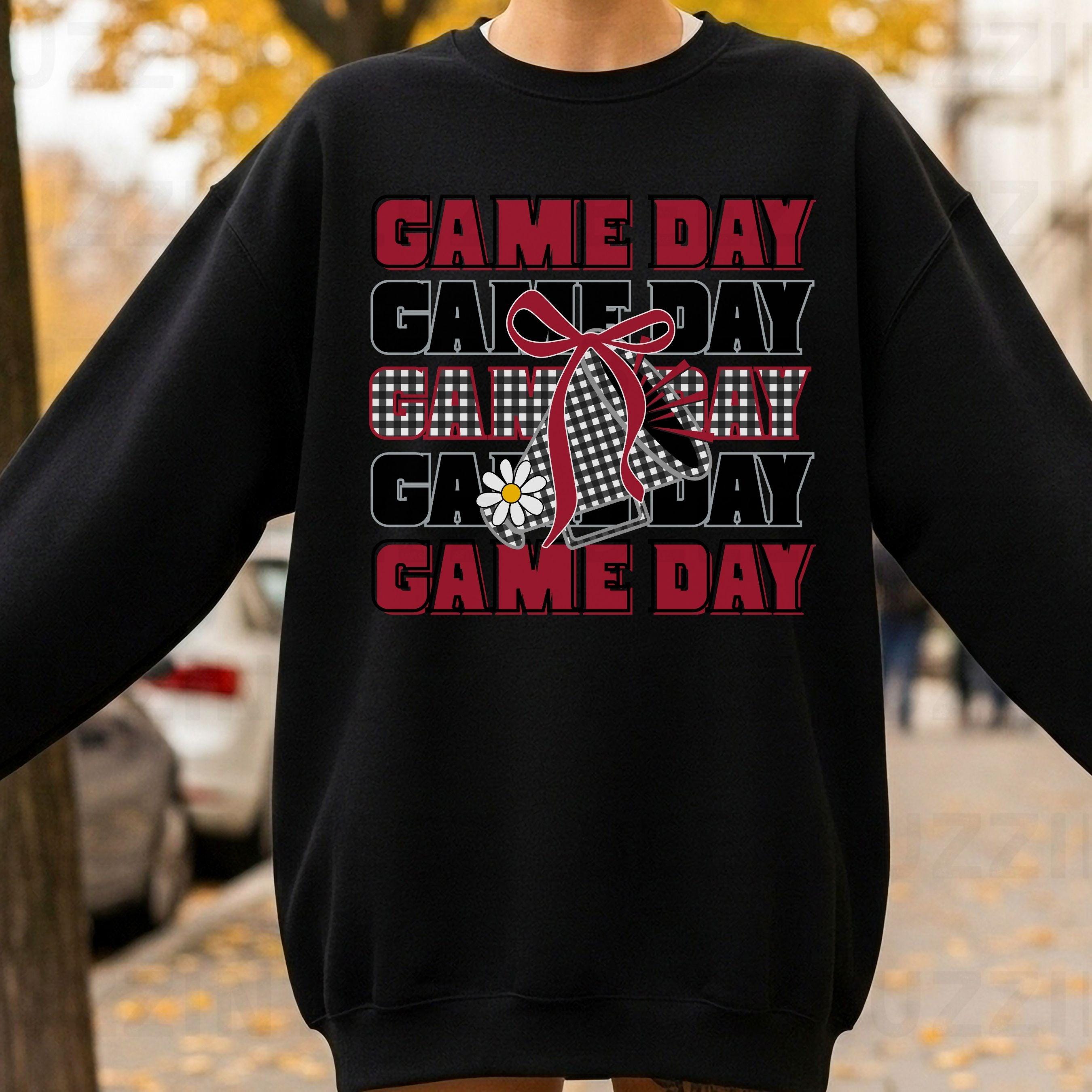 Game Day Black & Maroon Gingham Cheer Megaphone with Coquette Bow PNG