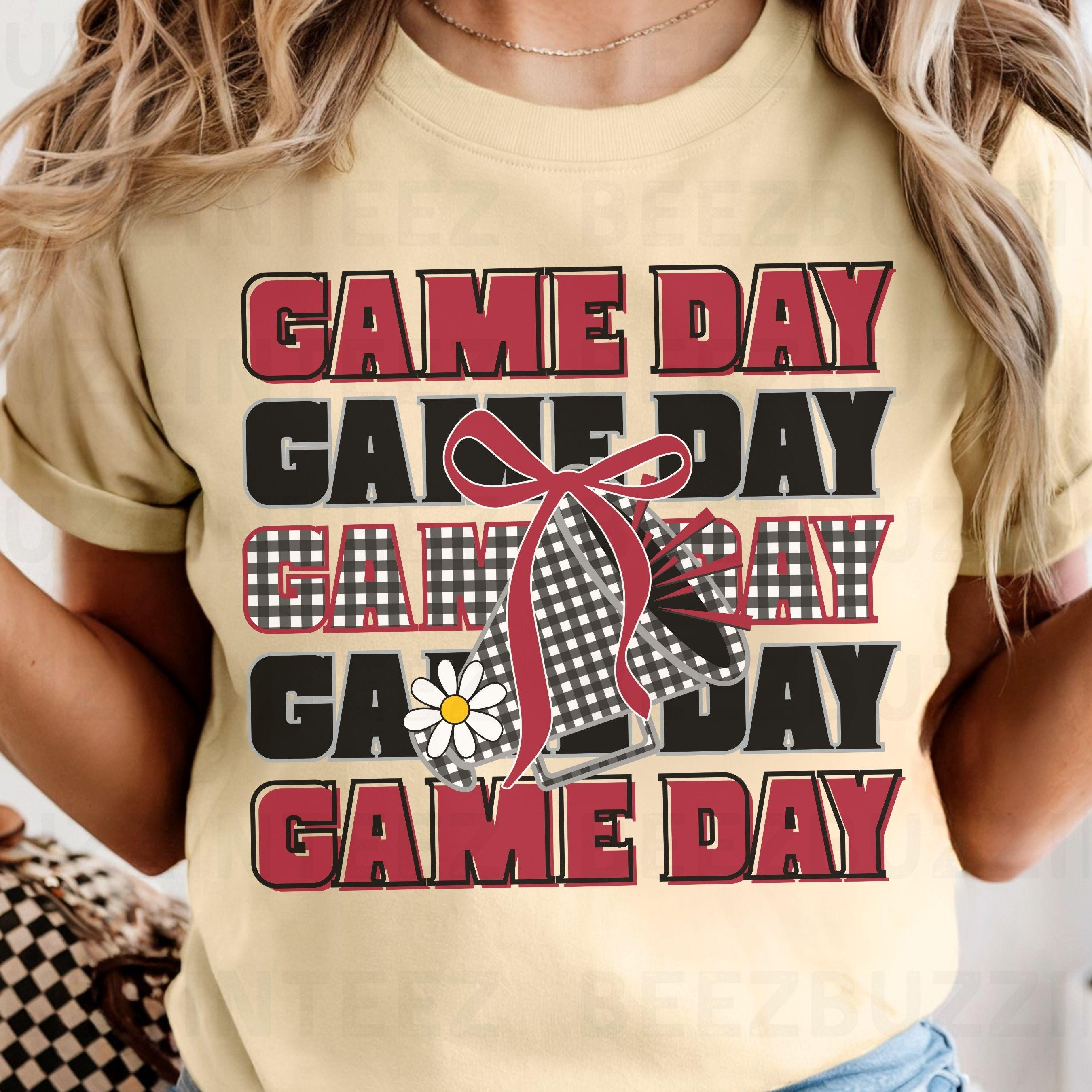 Game Day Black & Maroon Gingham Cheer Megaphone with Coquette Bow PNG