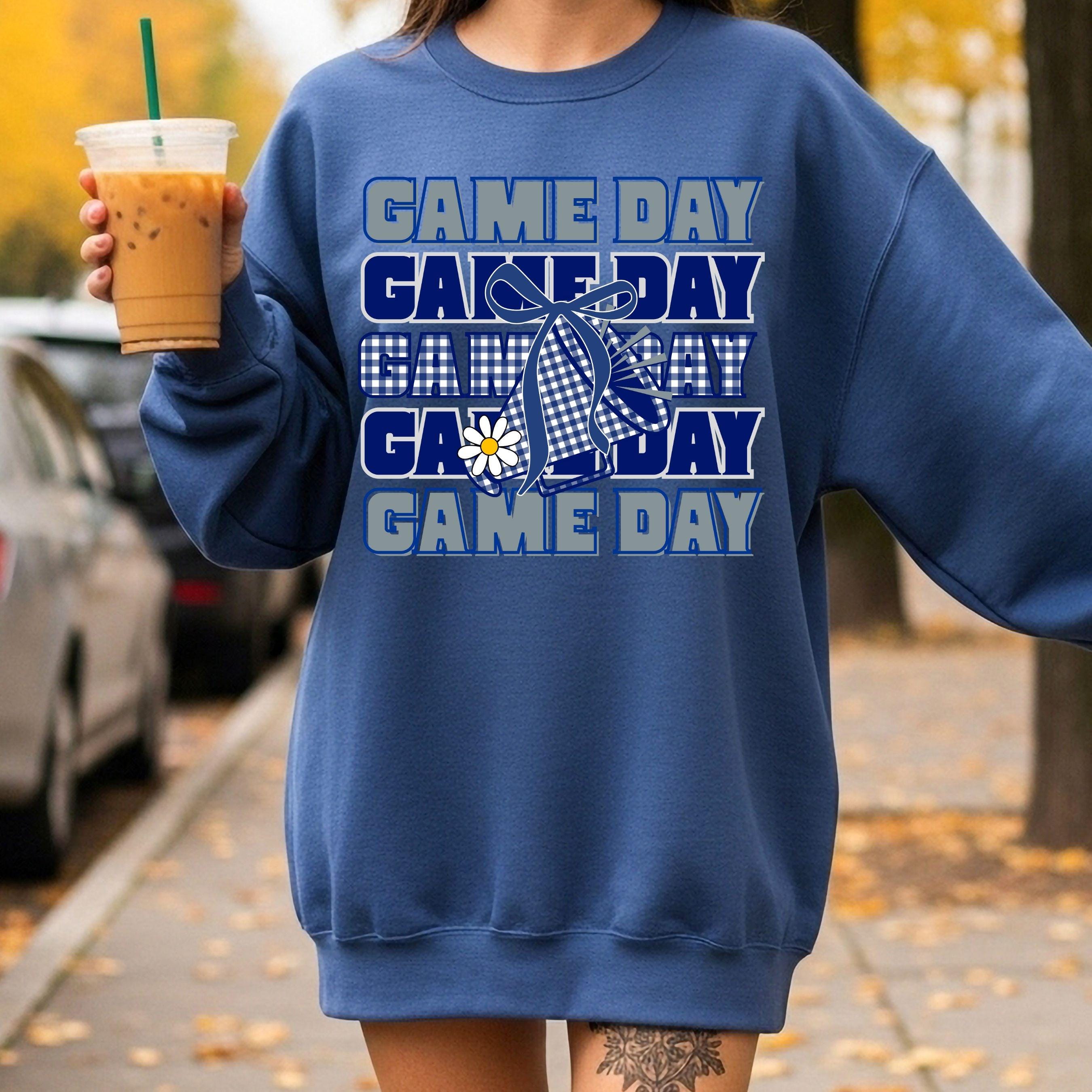 Game Day Blue & Gray Gingham Cheer Megaphone with Coquette Bow PNG
