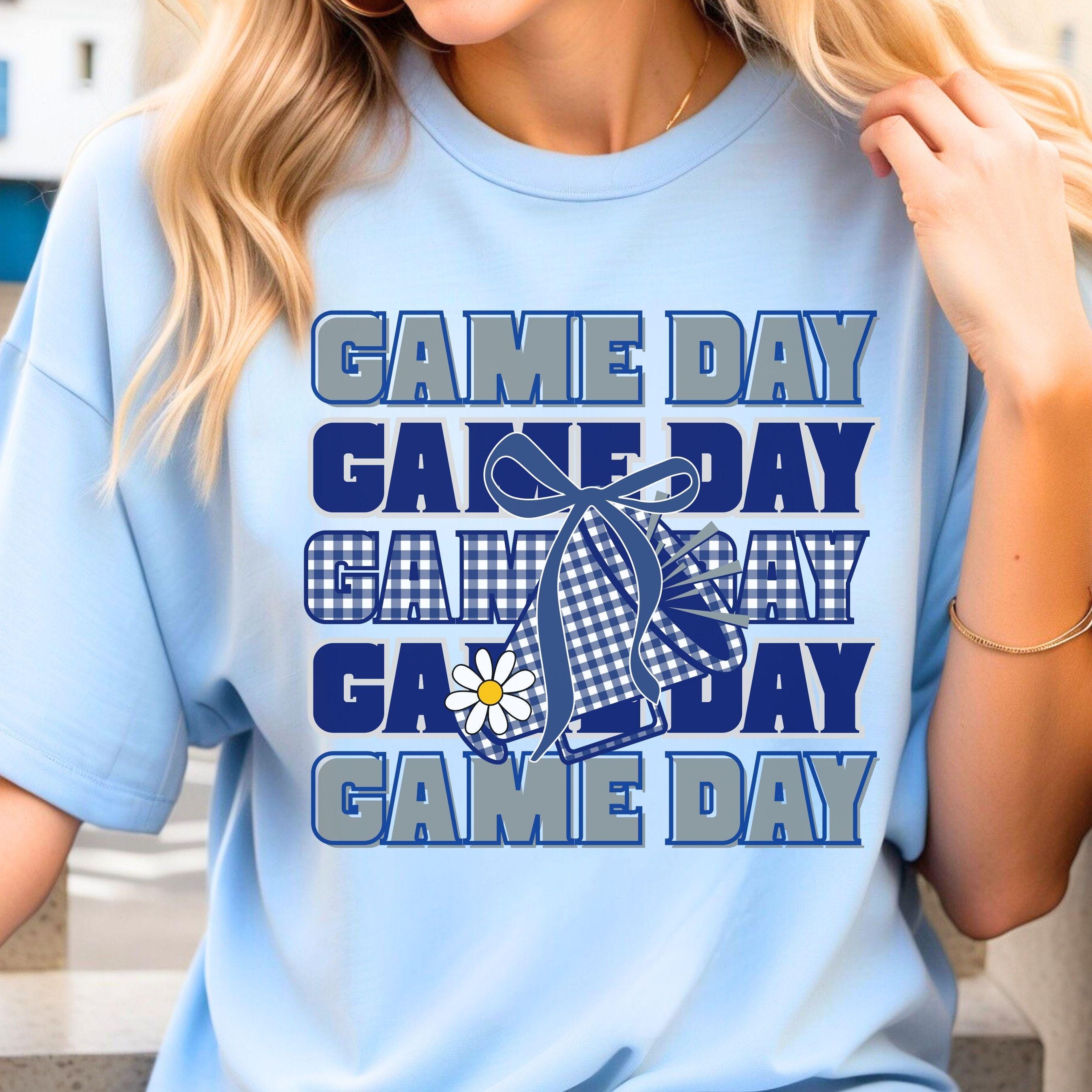 Game Day Blue & Gray Gingham Cheer Megaphone with Coquette Bow PNG