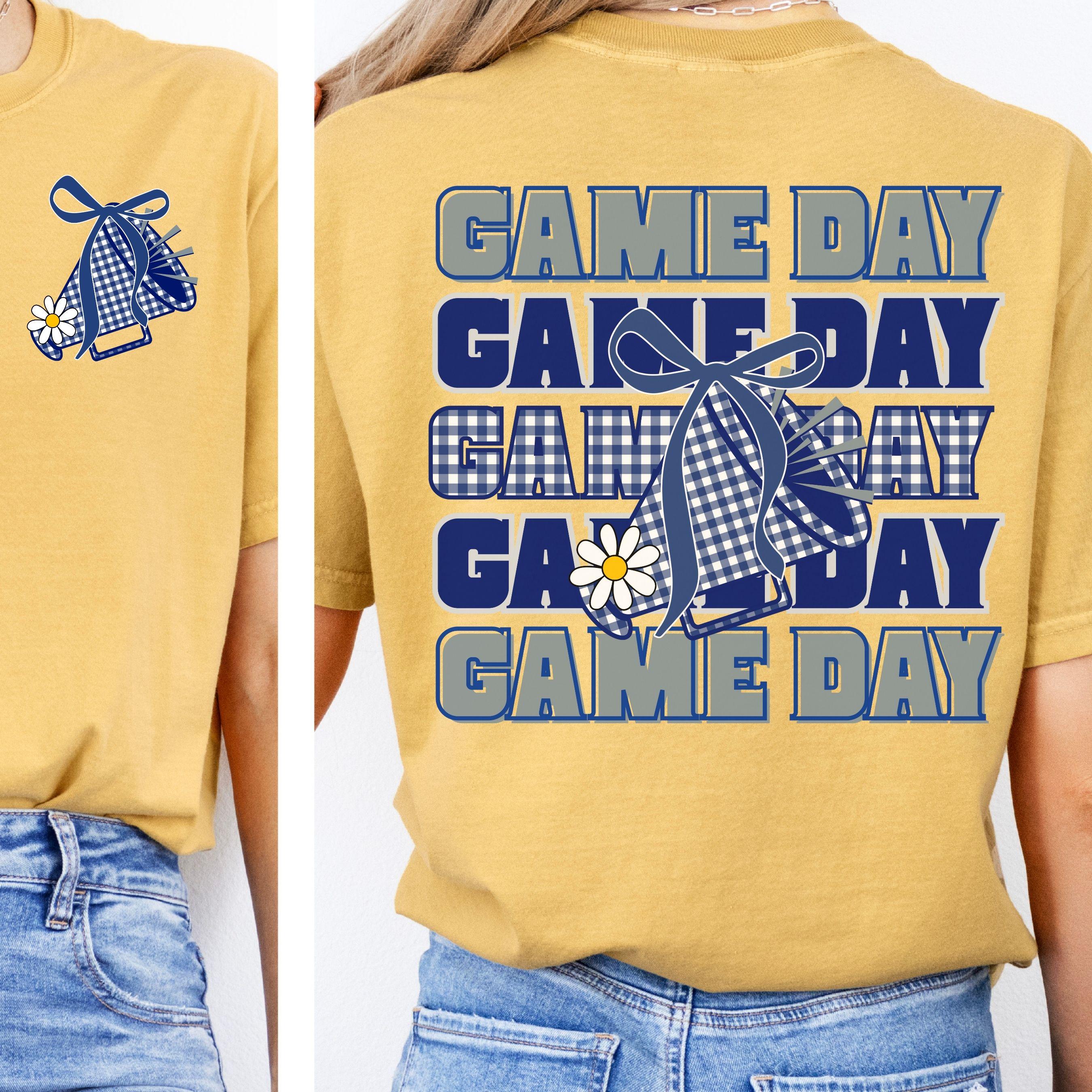 Game Day Blue & Gray Gingham Cheer Megaphone with Coquette Bow PNG