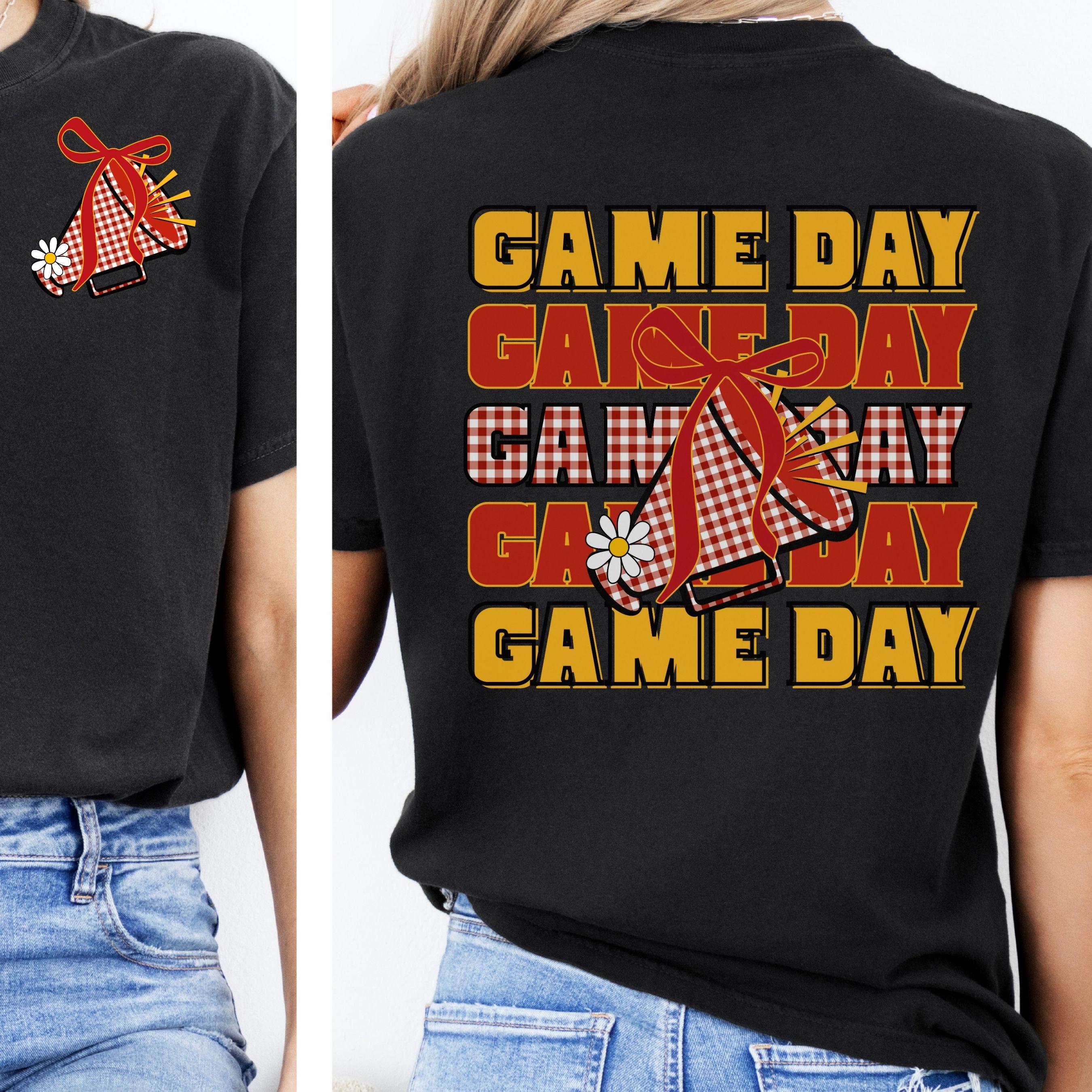 Game Day Red & Gold Gingham Cheer Megaphone with Coquette Bow PNG