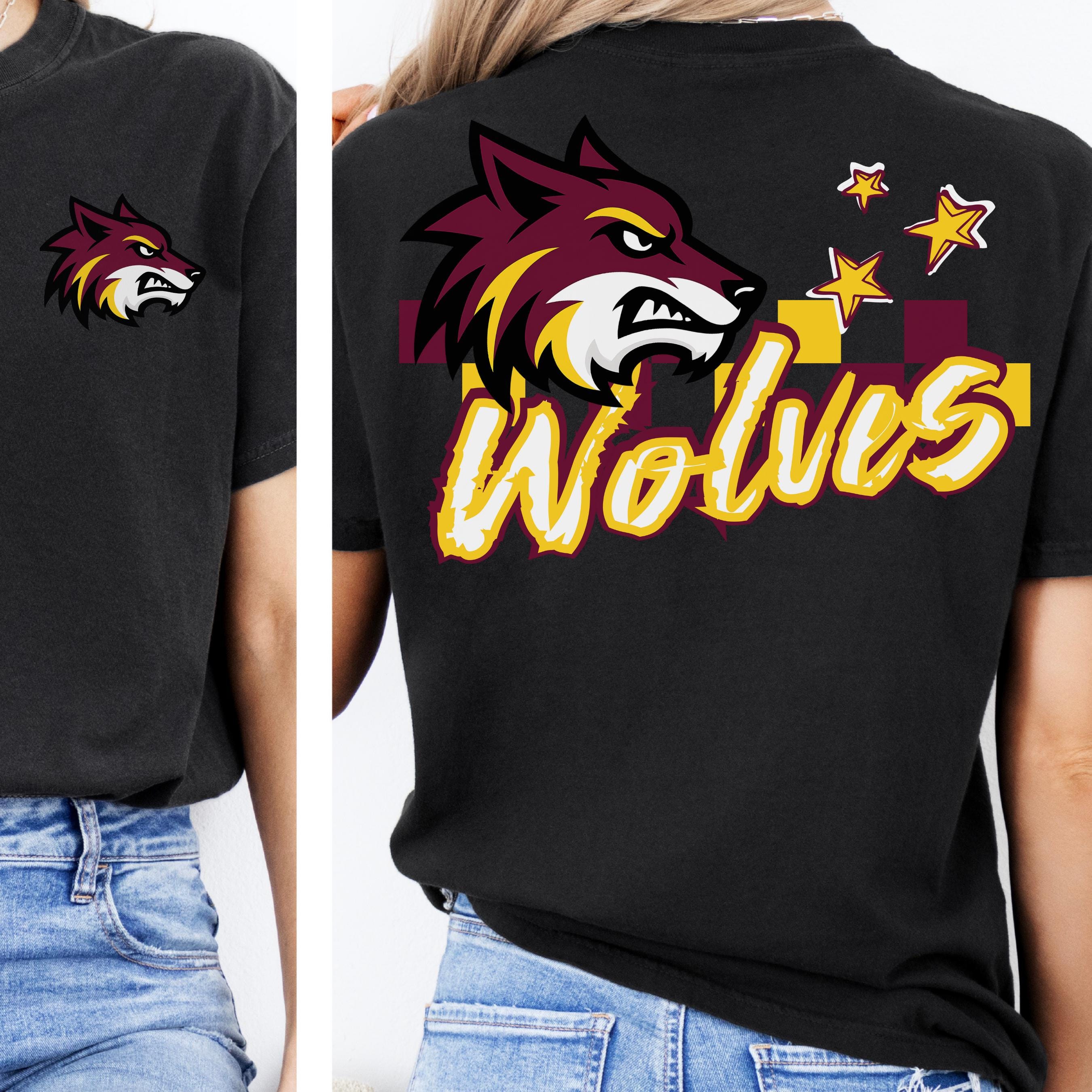 Wolves Trendy Checker Design with Star Elements PNG
