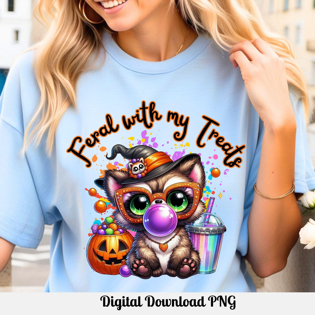 Feral With My Treats, Cute Halloween Raccoon PNG