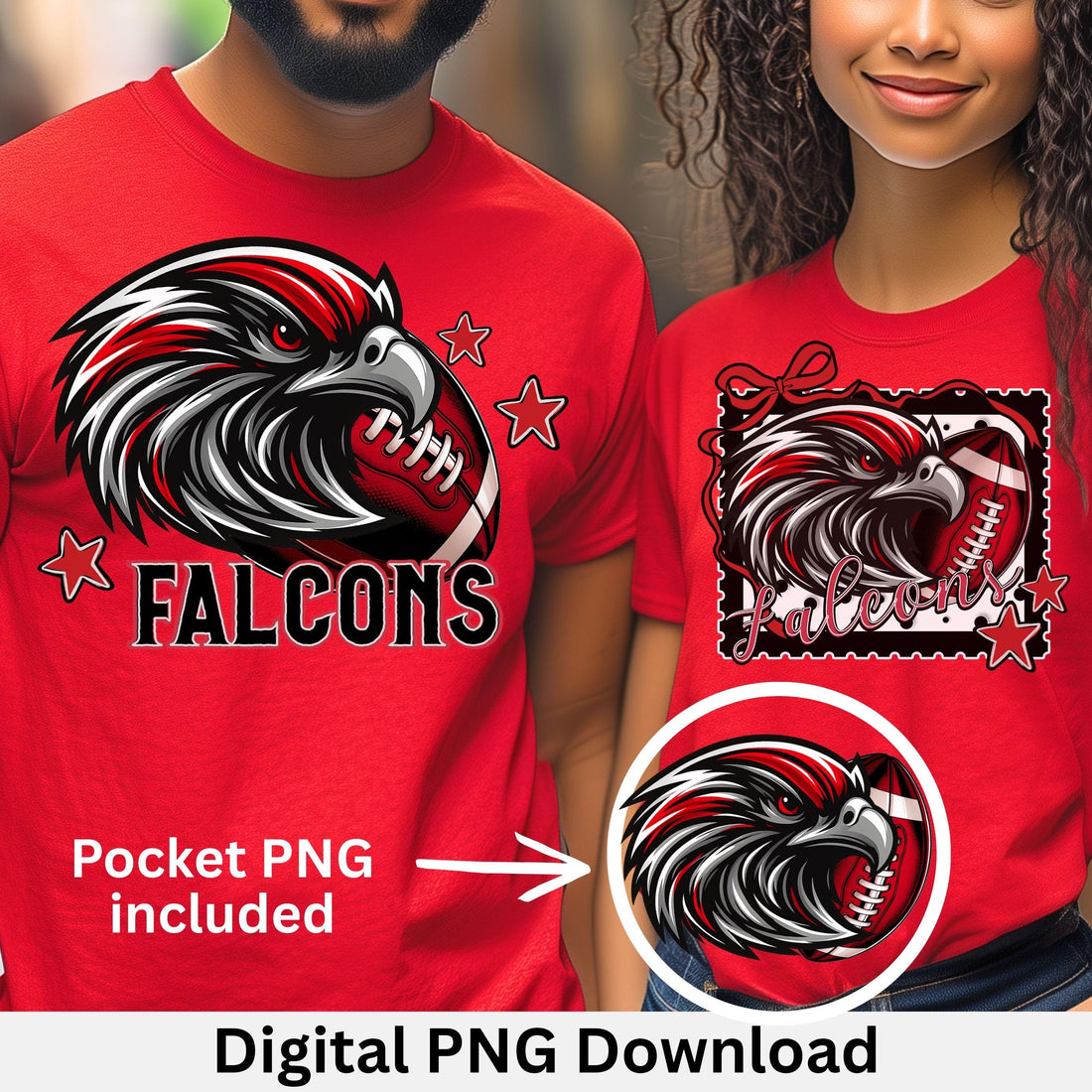 Falcons Trendy Stamp Coquette Bow Football PNG Red Black Matching Set