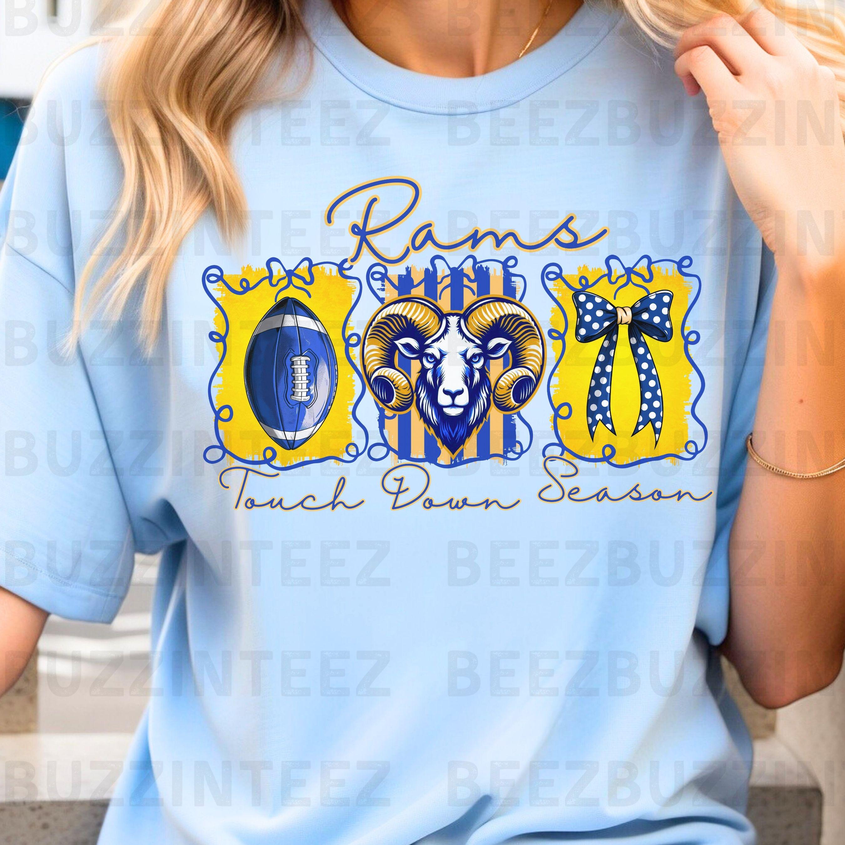 Rams Coquette Bow Touch Down Season Design PNG Blue Gold