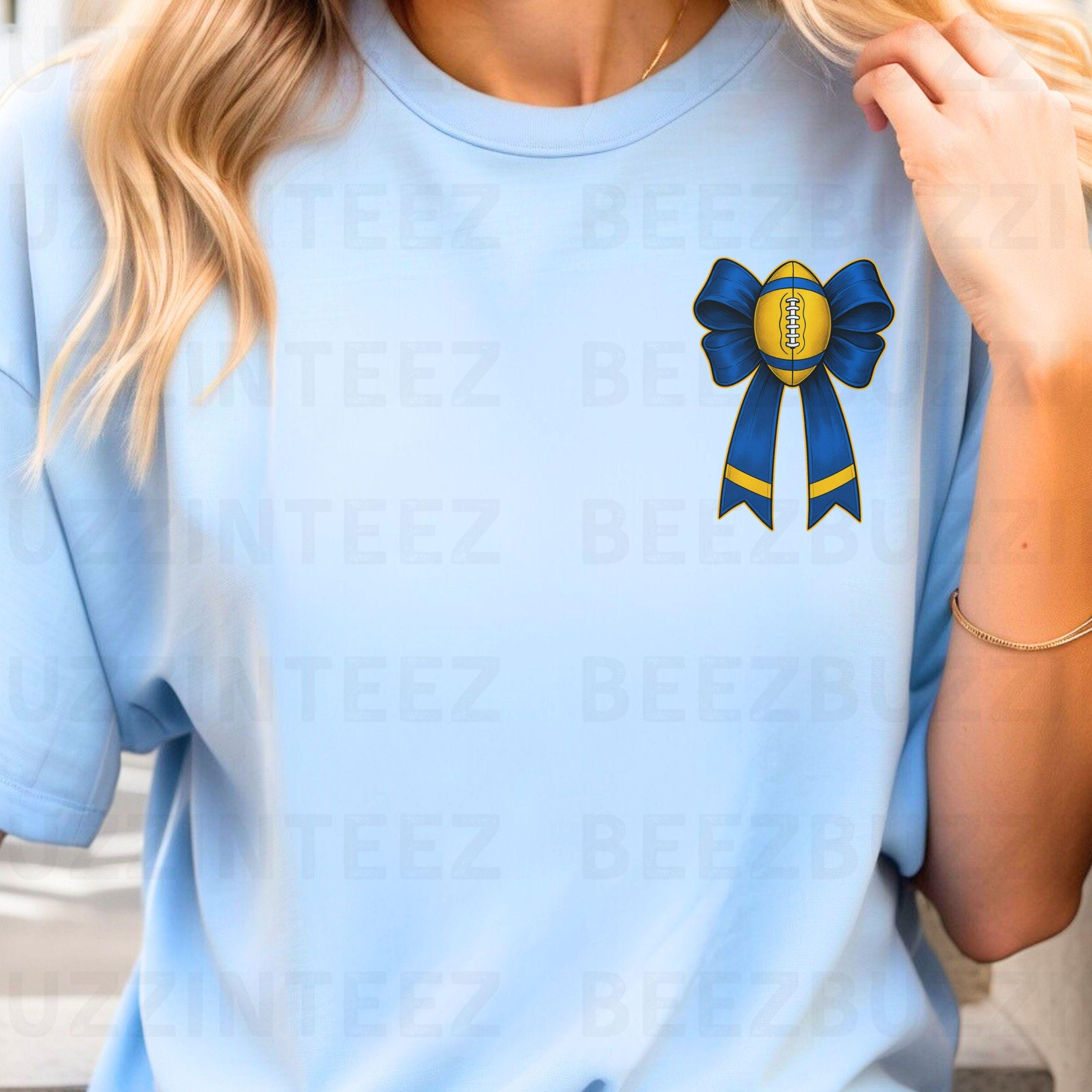 Game Day Rams Blue & Gold Football Bow Design PNG