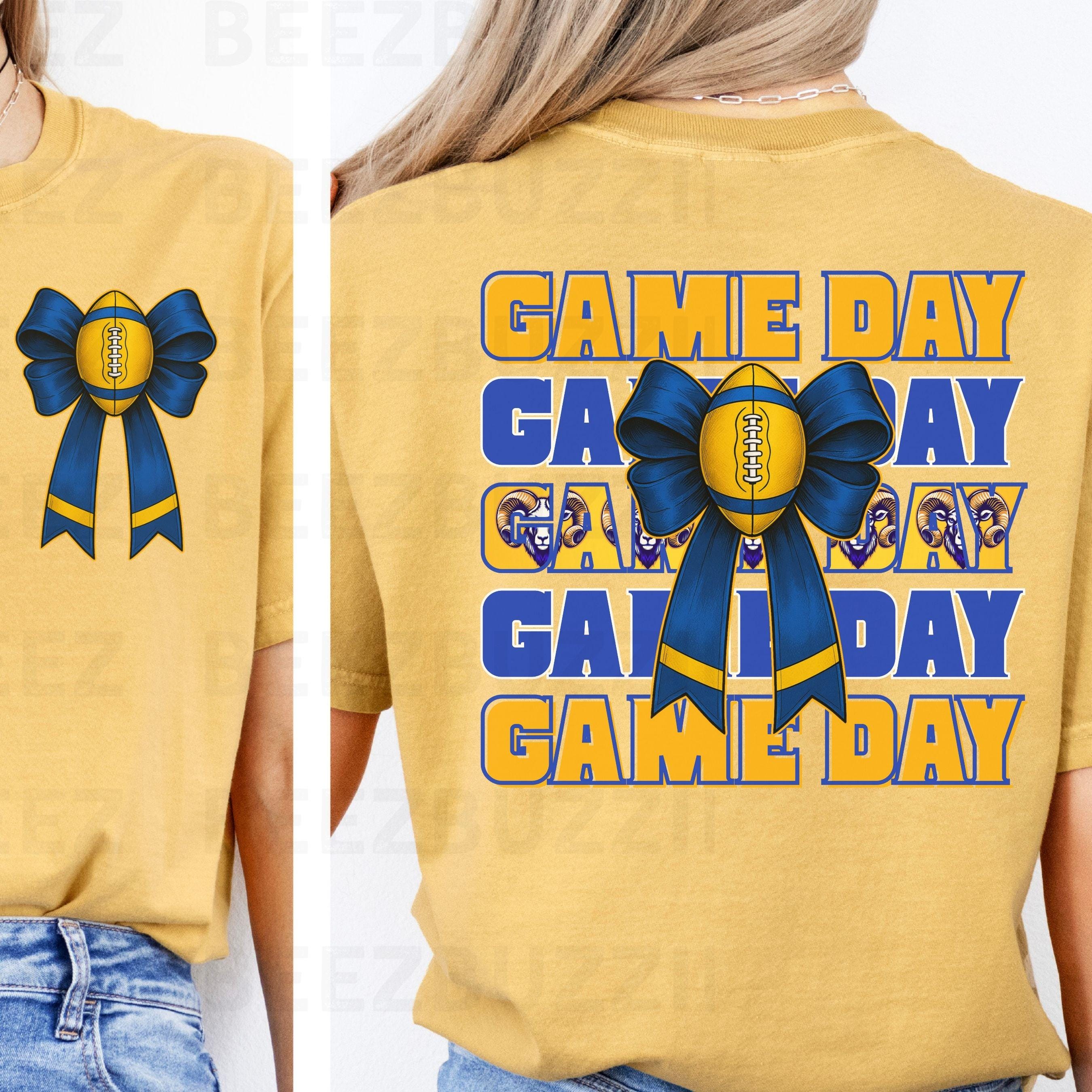Game Day Rams Blue & Gold Football Bow Design PNG