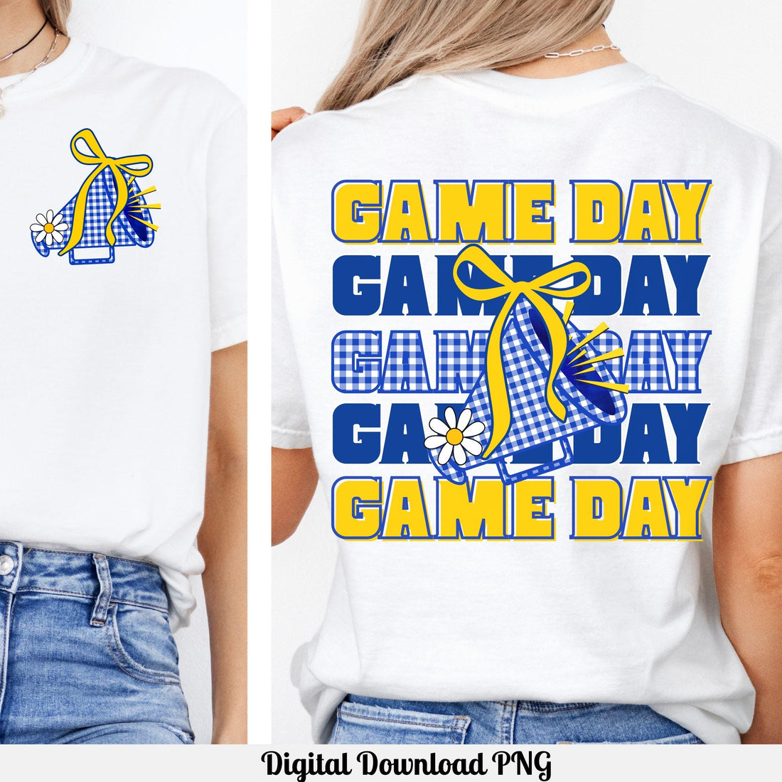 Game Day Blue & Yellow Gingham Cheer Megaphone with Coquette Bow PNG