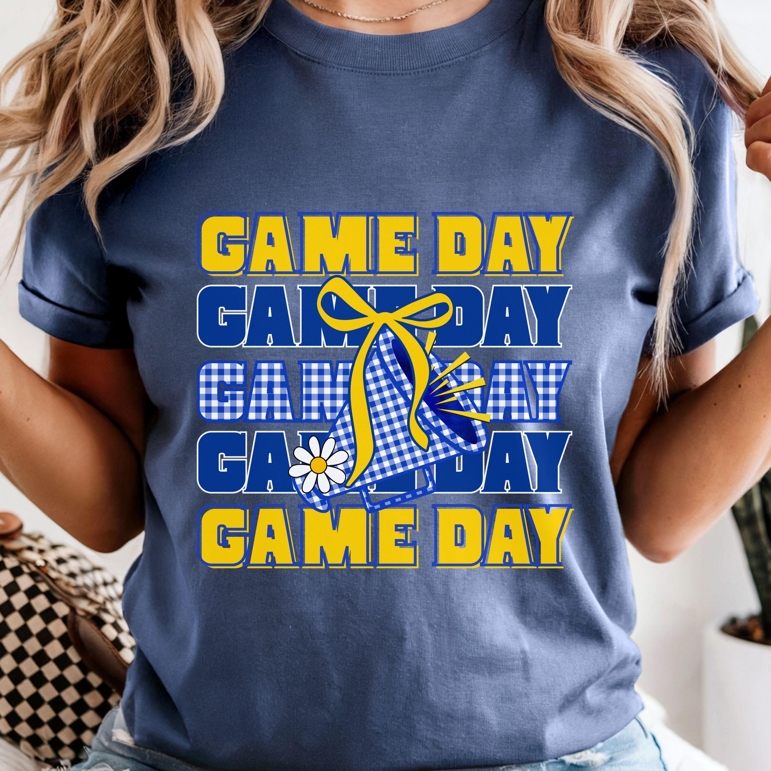 Game Day Blue & Yellow Gingham Cheer Megaphone with Coquette Bow PNG