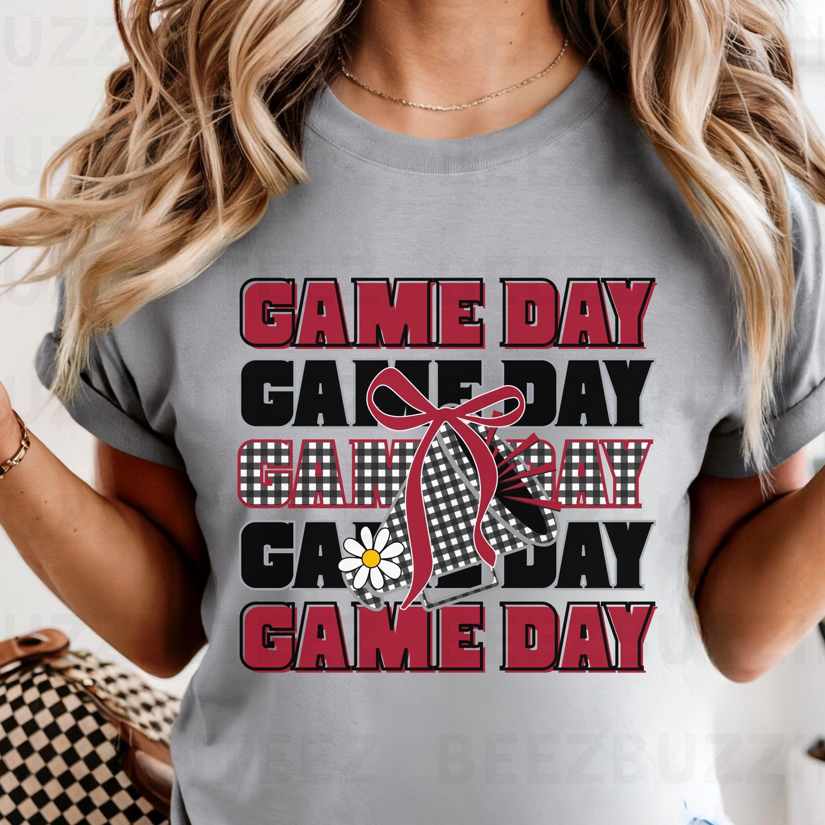 Game Day Black & Maroon Gingham Cheer Megaphone with Coquette Bow PNG