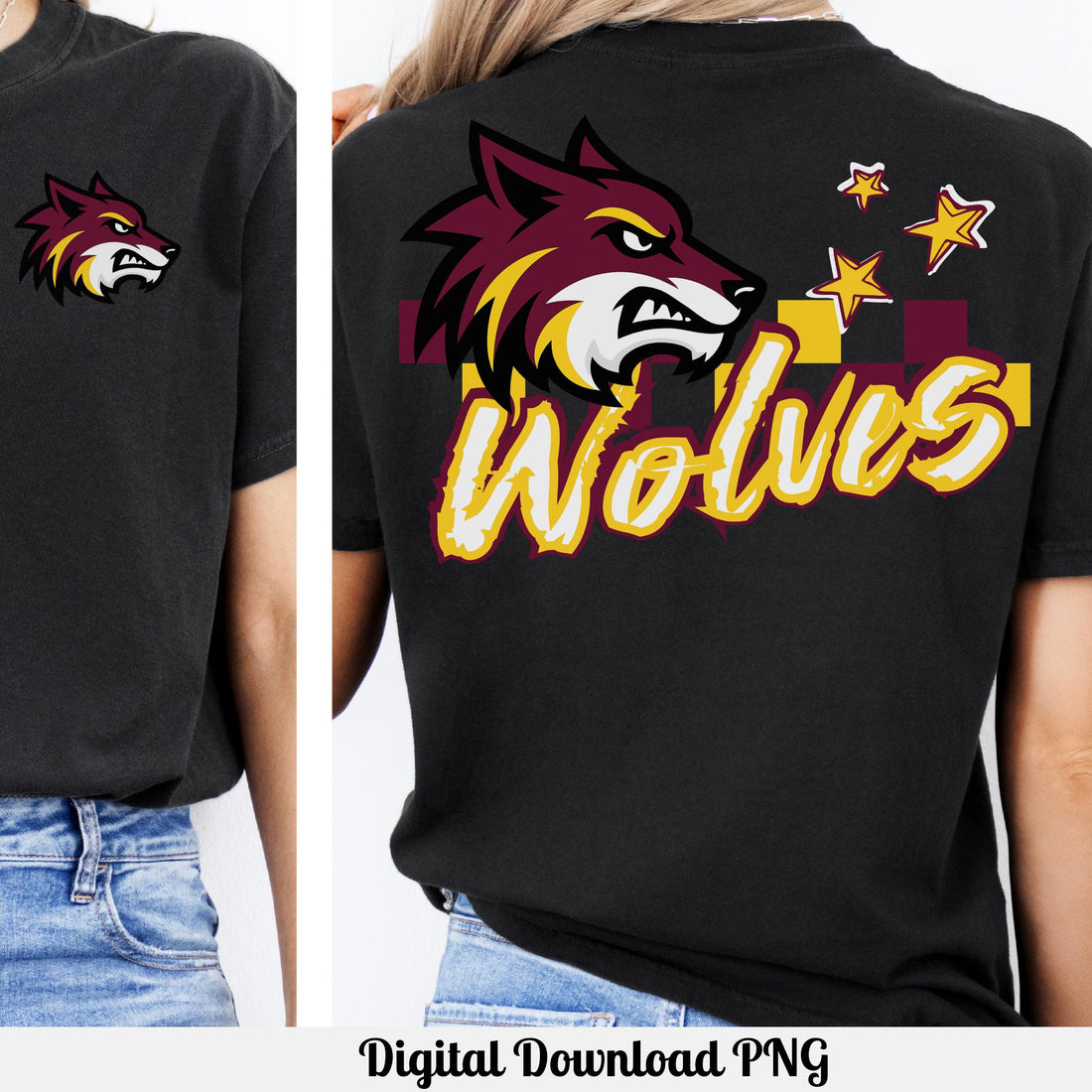 Wolves Trendy Checker Design with Star Elements PNG