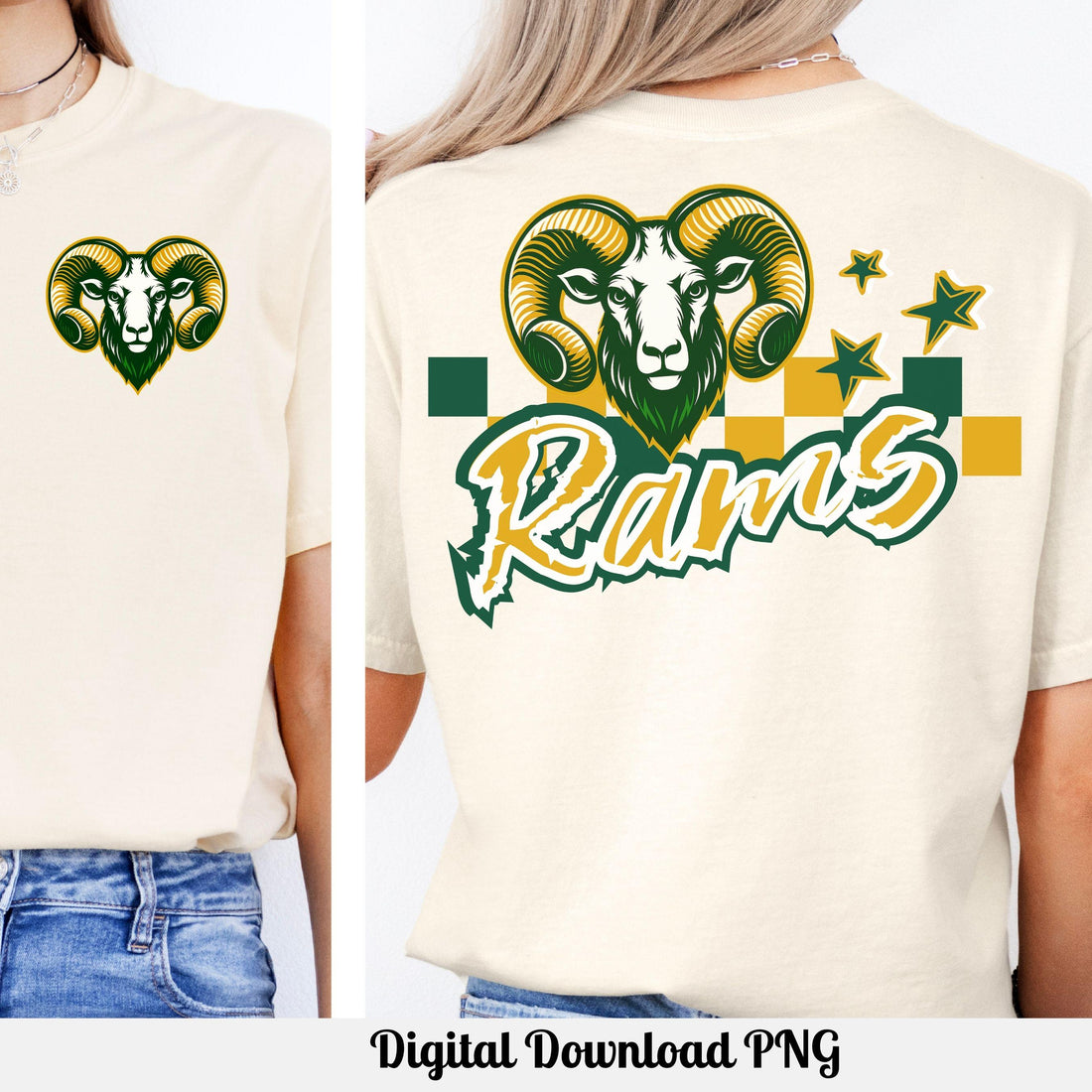 Rams Trendy Checker Design With Star Elements PNG Green Gold