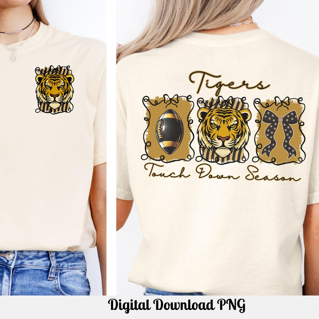 Tigers Coquette Bow Touch Down Season Football PNG Golden