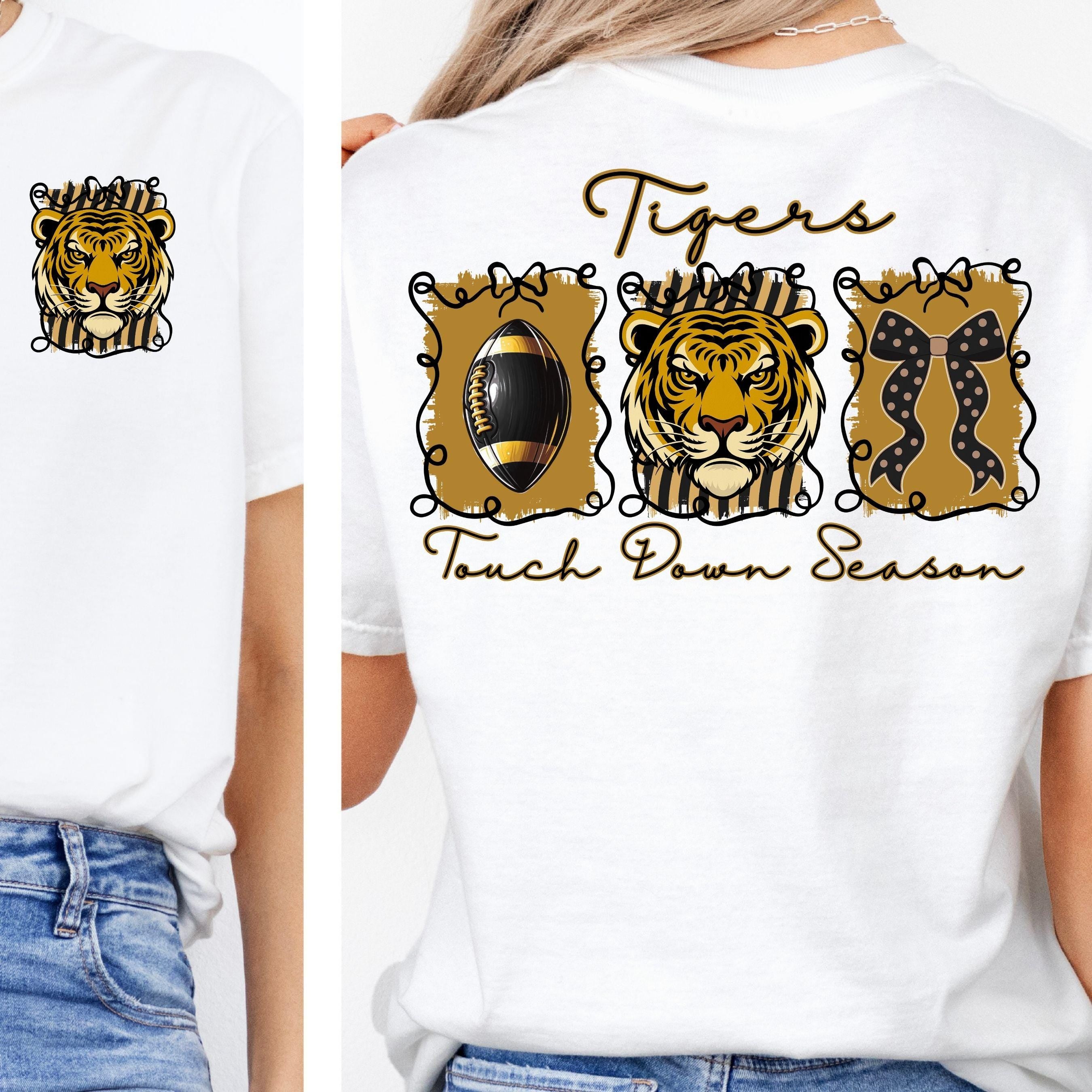 Tigers Coquette Bow Touch Down Season Football PNG Golden