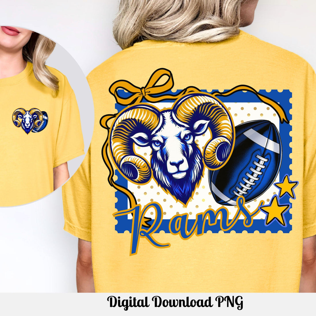Rams Trendy Stamp Coquette Bow Football PNG Blue Gold