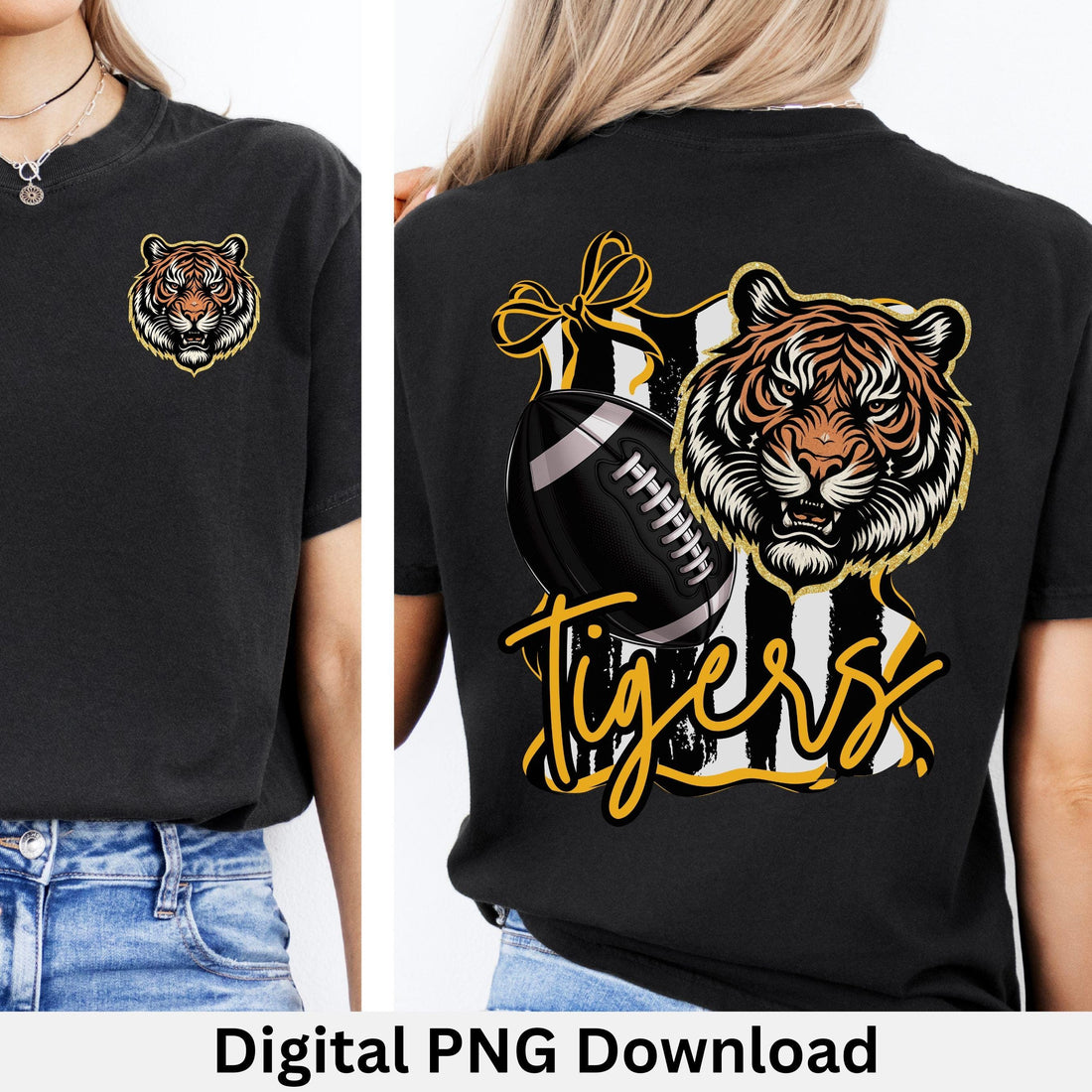 Tigers Coquette Bow Stripe Pattern Football PNG Black Gold