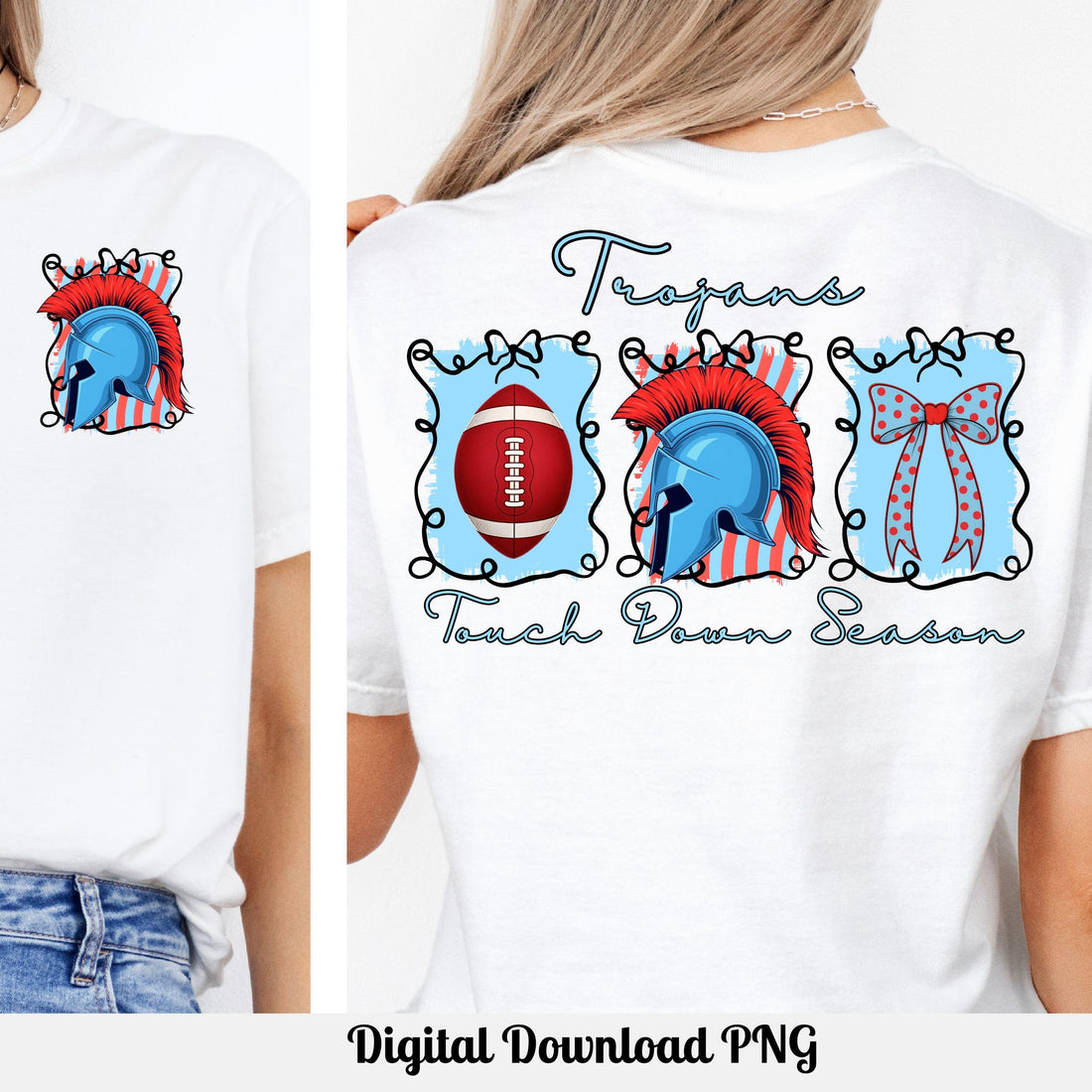 Trojans Coquette Bow Touch Down Season Football Light Blue Red PNG