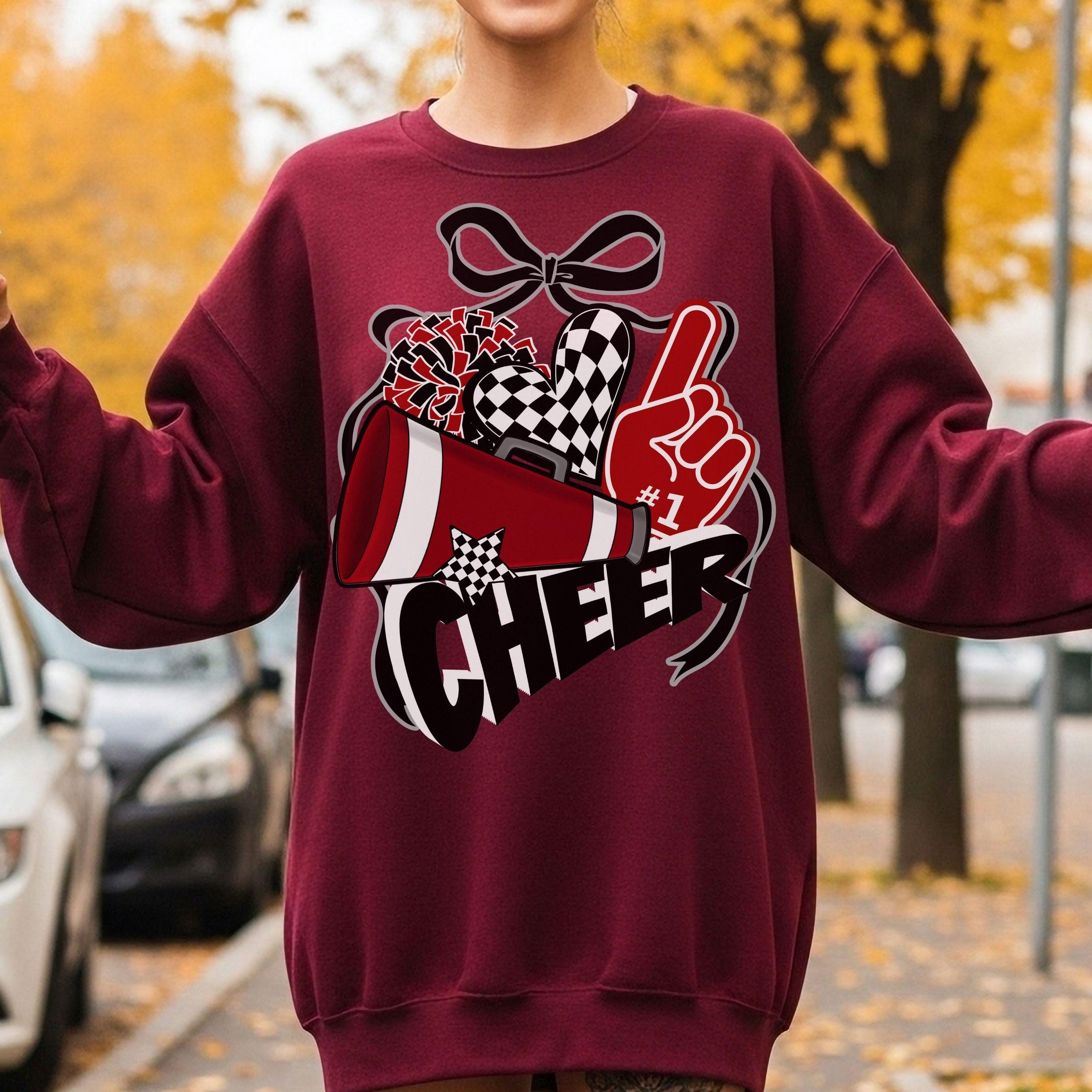 Cheer Spirit Black & Maroon Coquette Bow PomPom Design PNG