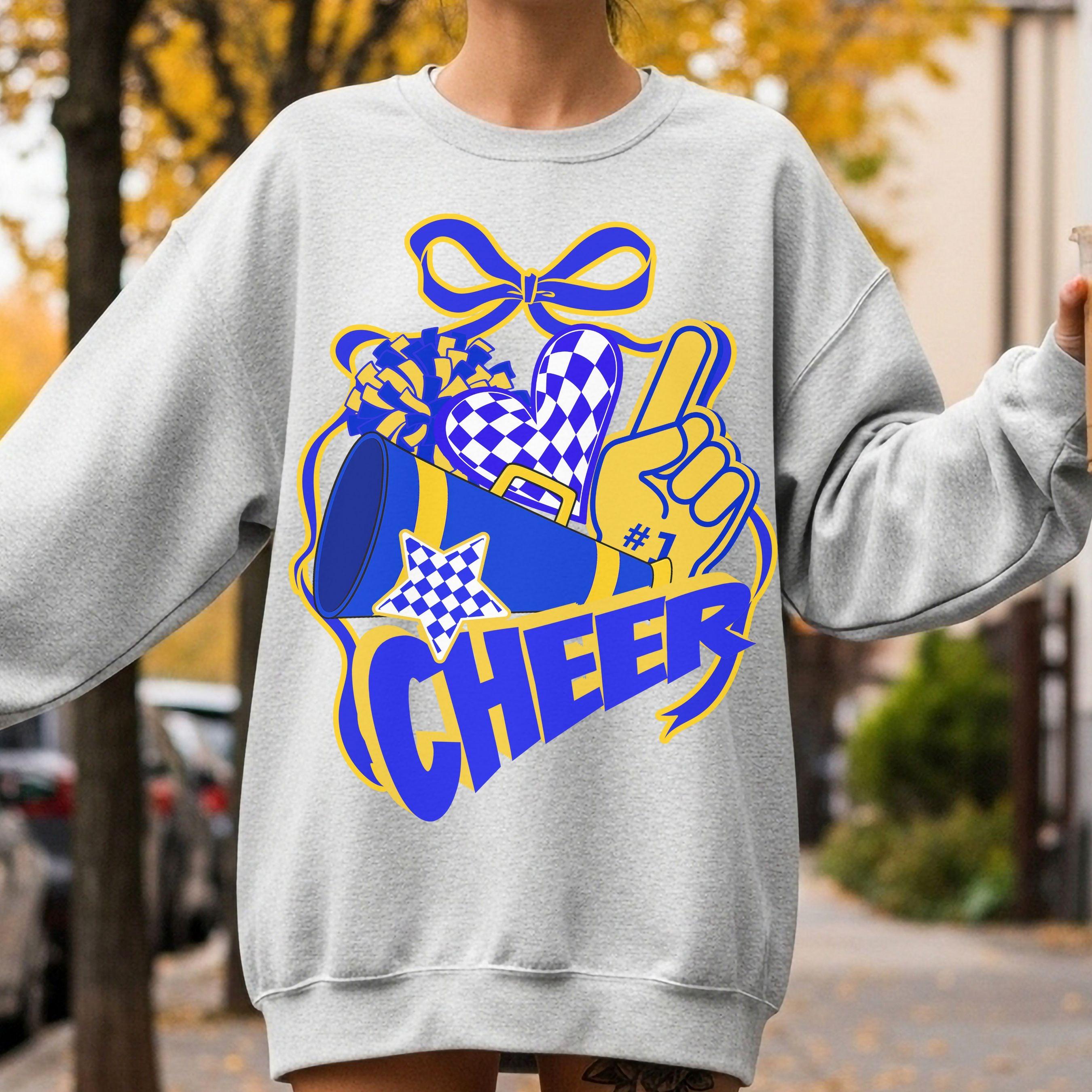 Cheer Spirit Blue & Gold Coquette Bow PomPom Design PNG