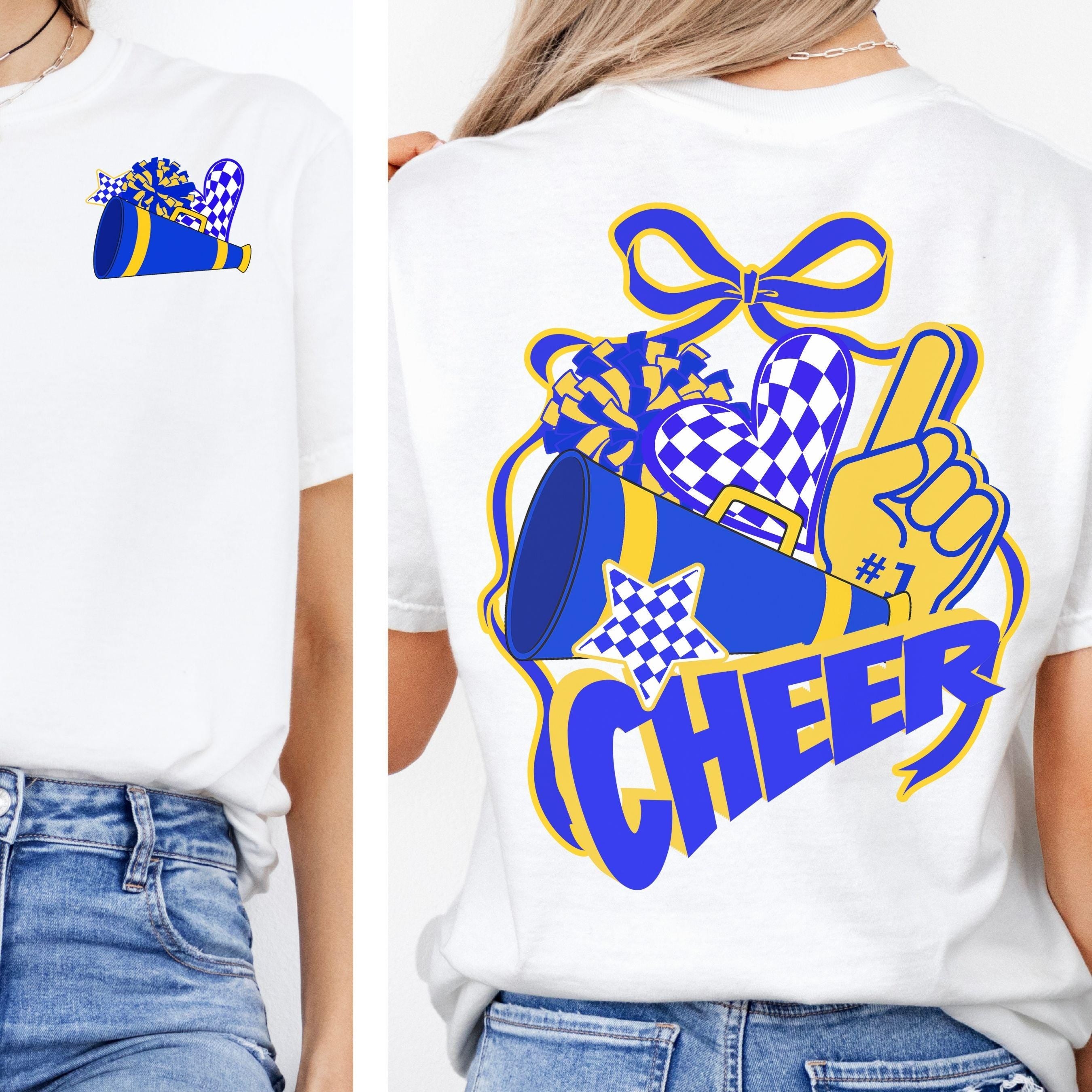 Cheer Spirit Blue & Gold Coquette Bow PomPom Design PNG
