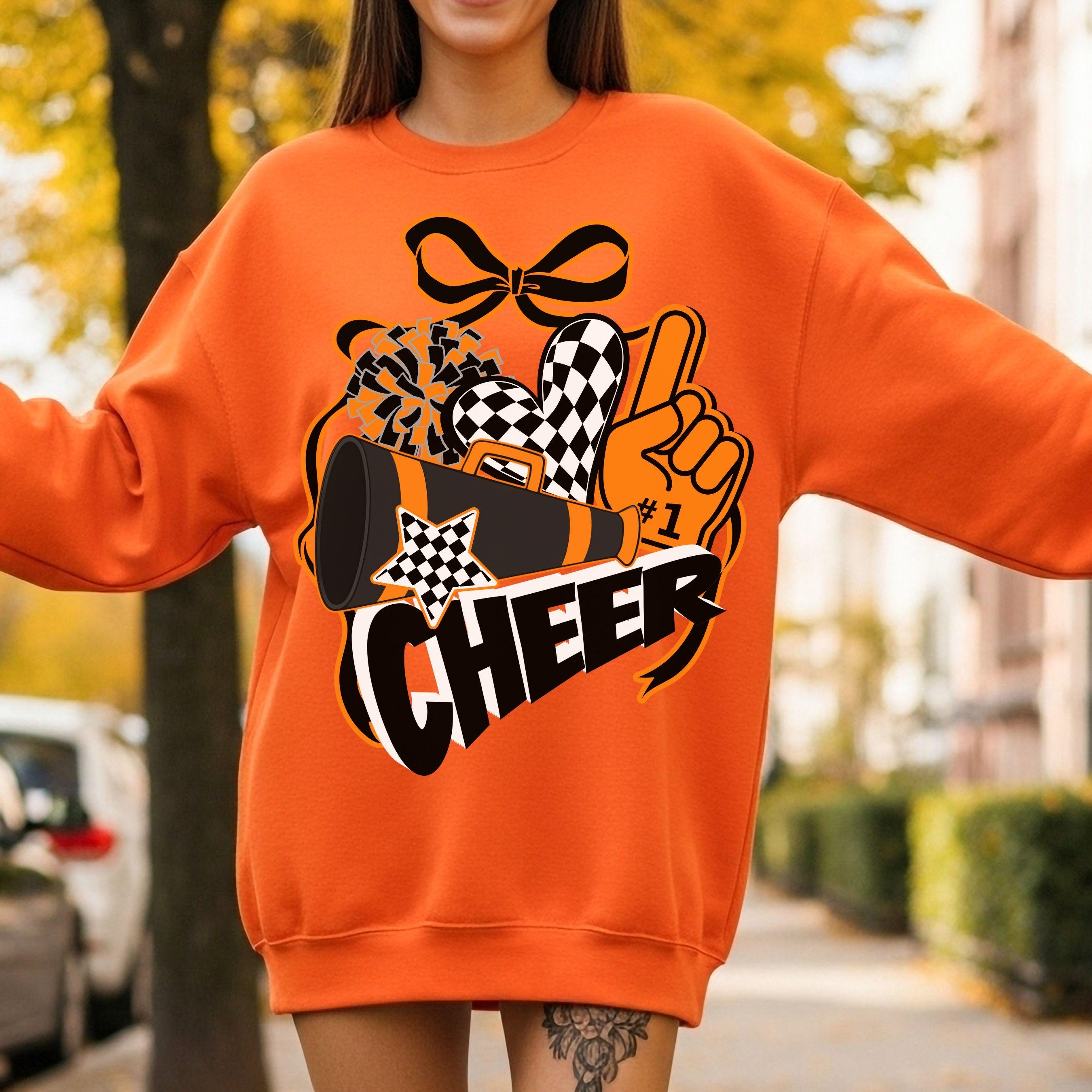 Cheer Spirit Black & Orange Coquette Bow PomPom Design PNG