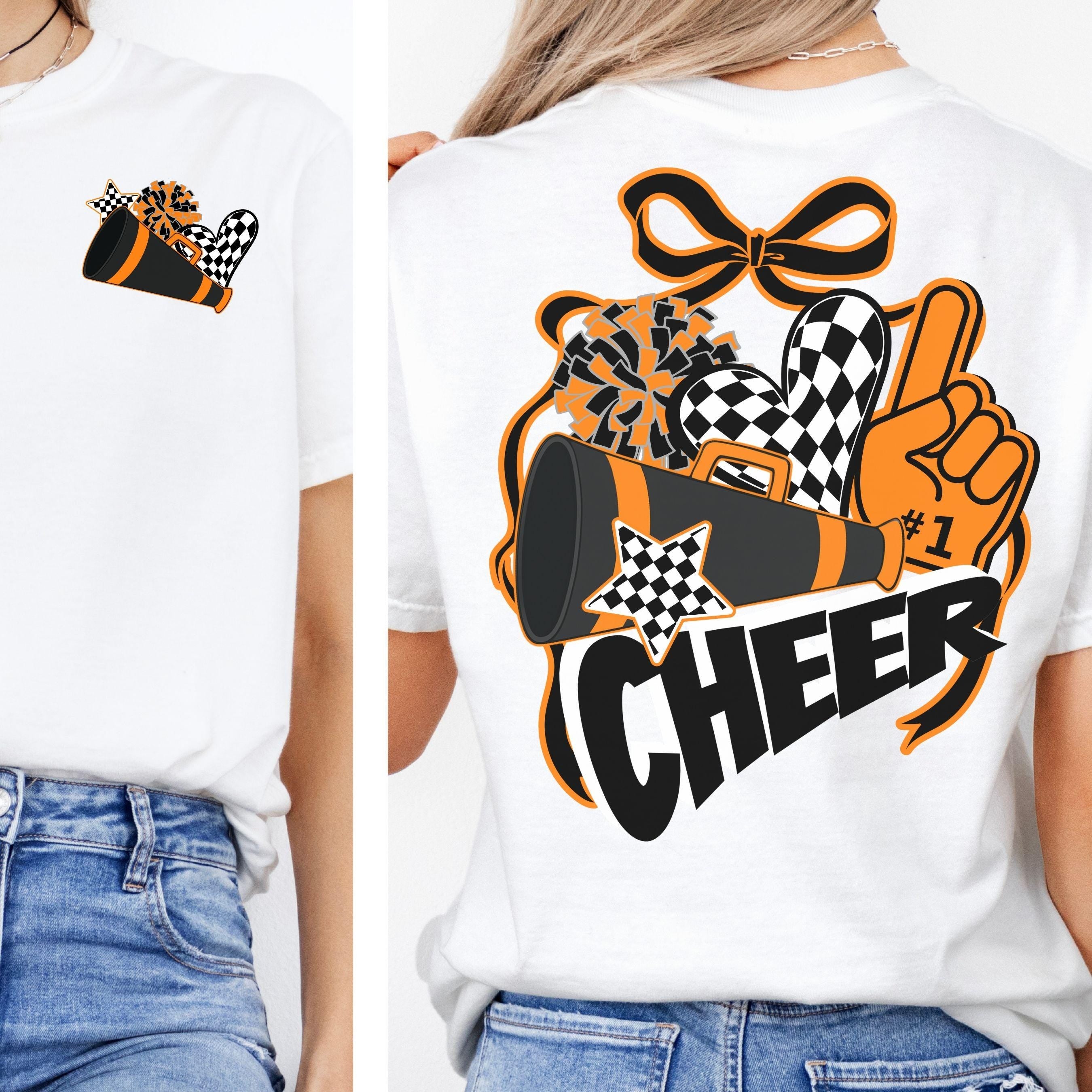 Cheer Spirit Black & Orange Coquette Bow PomPom Design PNG