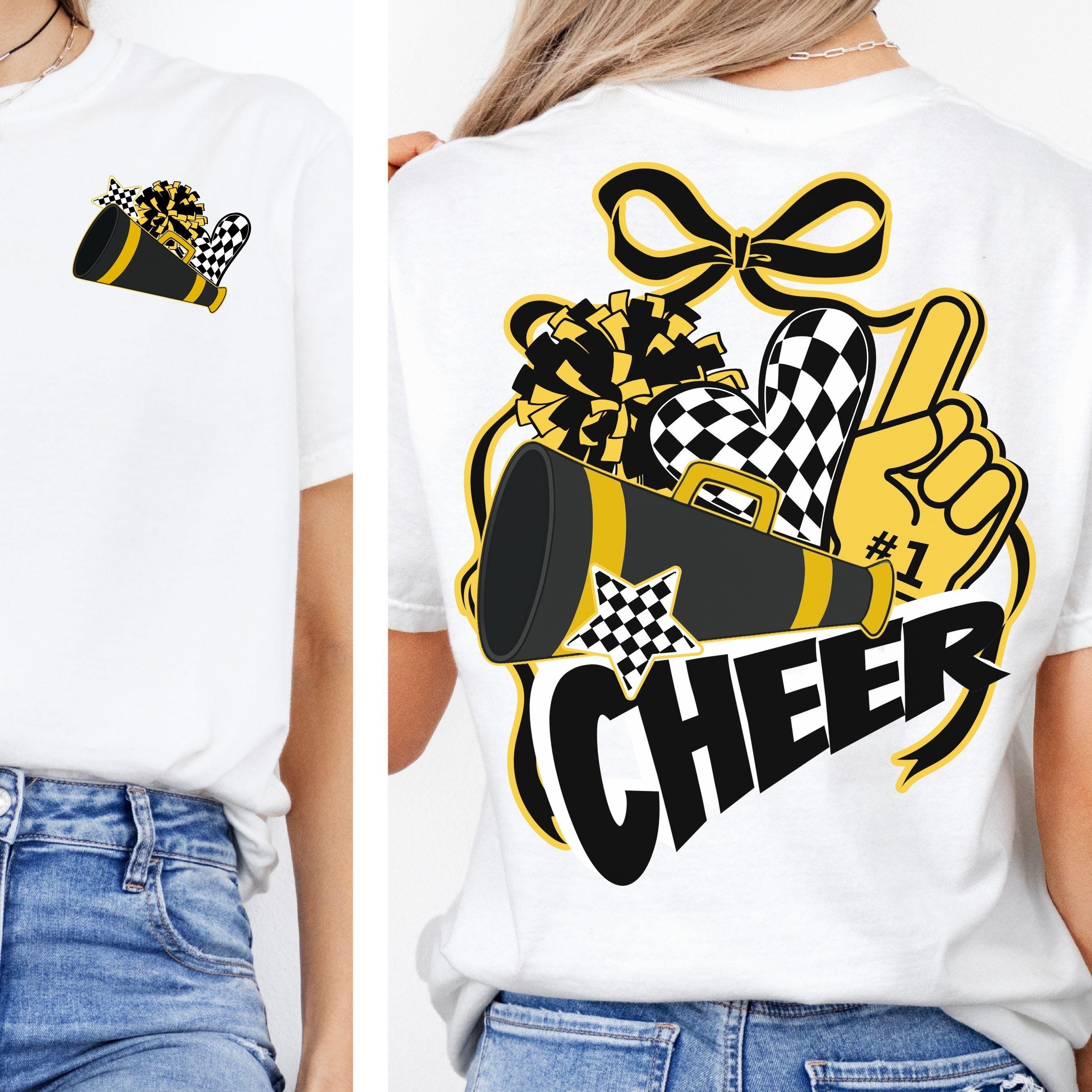 Cheer Spirit Black & Gold Coquette Bow PomPom Design PNG