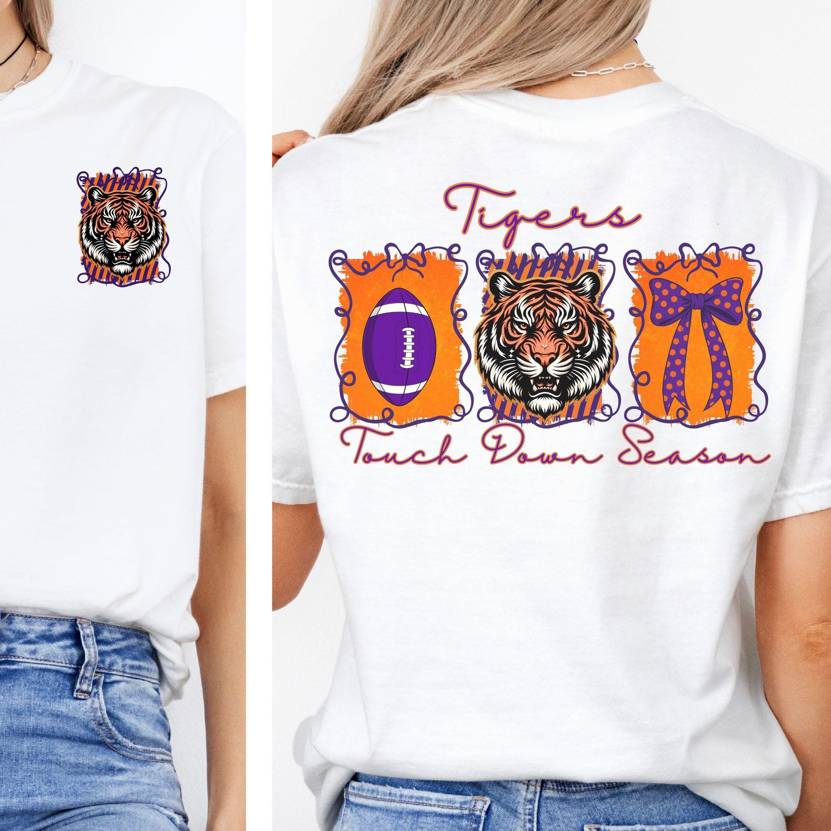 Tigers Coquette Bow Touch Down Season Football PNG Purple Orange