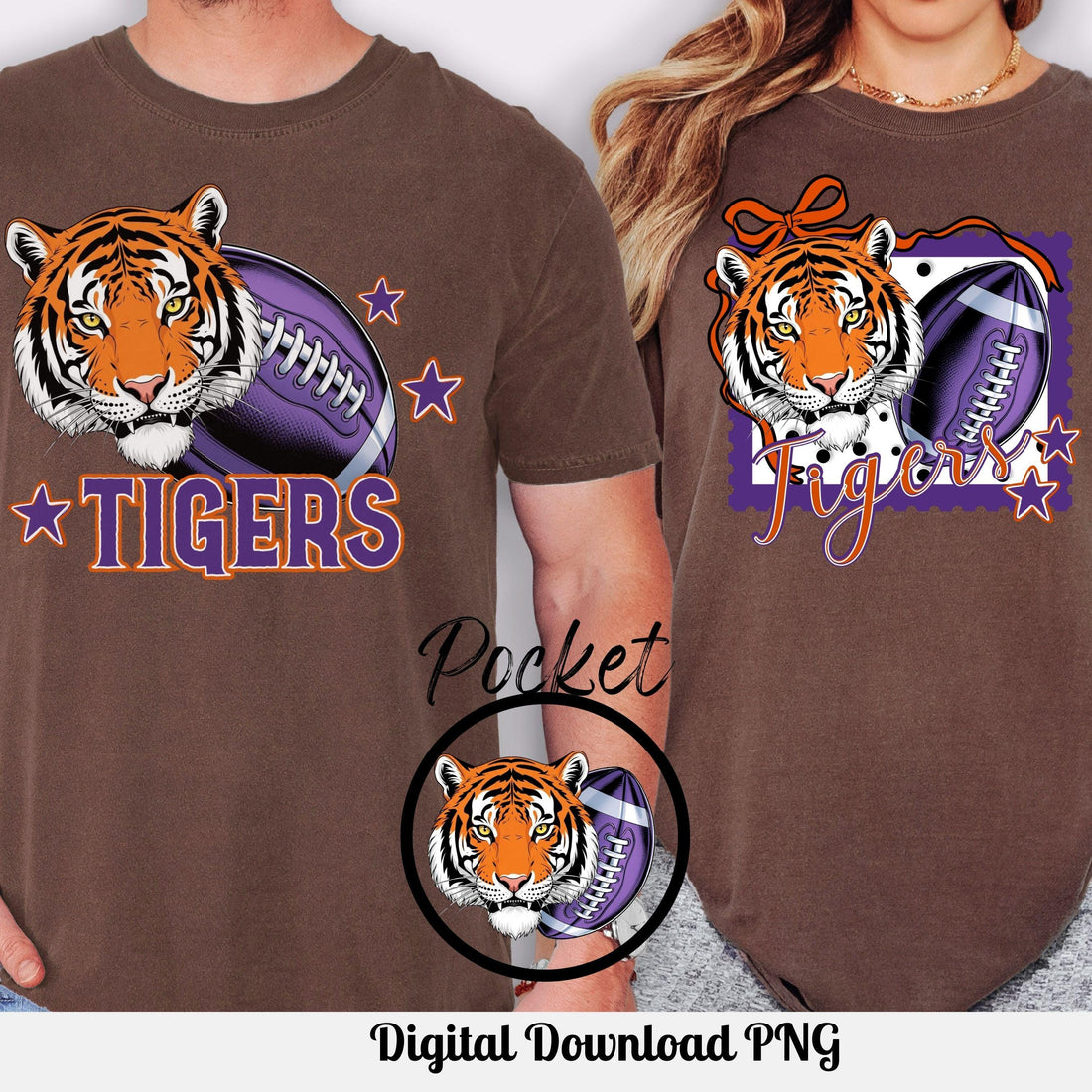Tigers Trendy Stamp Coquette Bow Football PNG Purple Orange