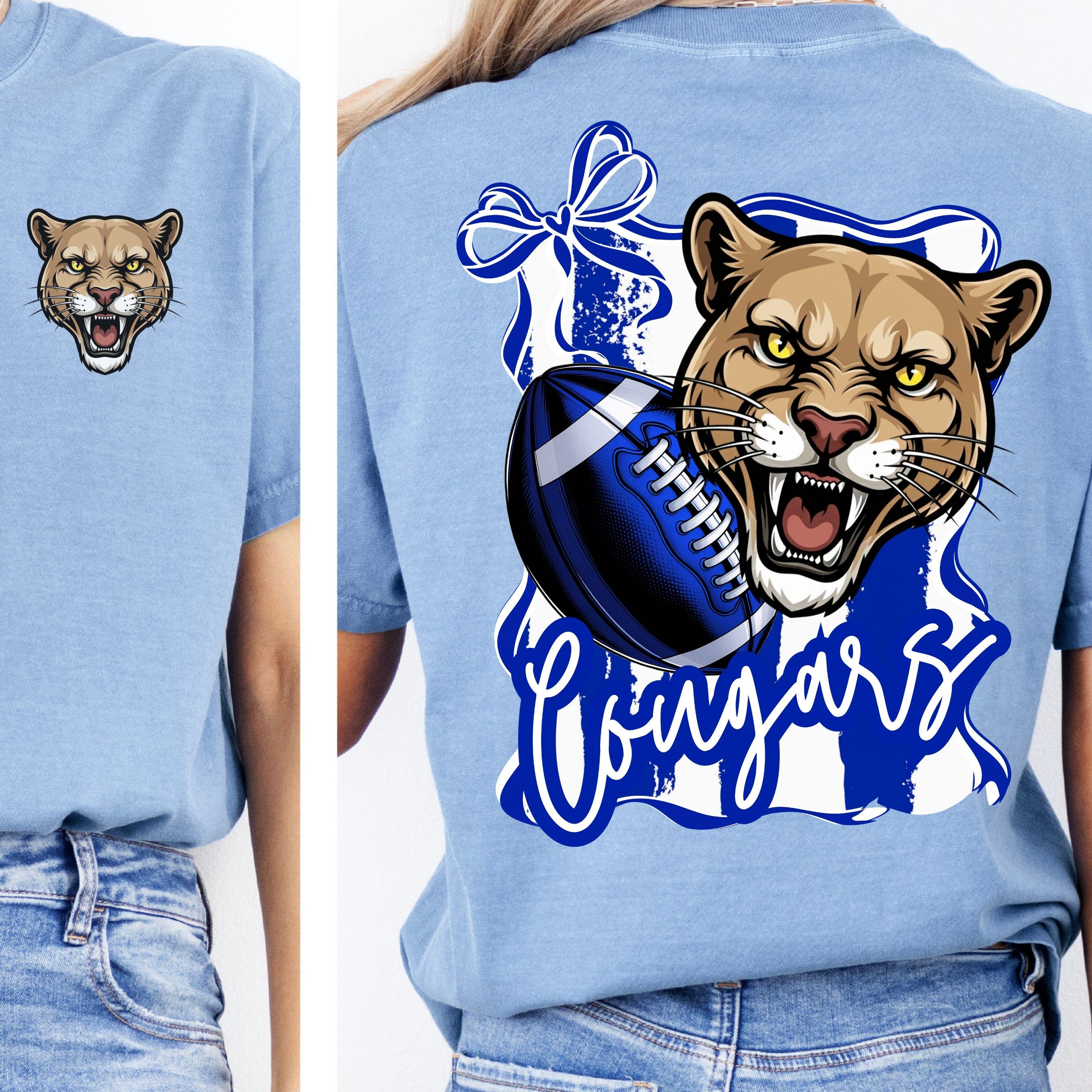 Cougars Blue White Trendy Coquette Bow & Stripe Design Game Day PNG