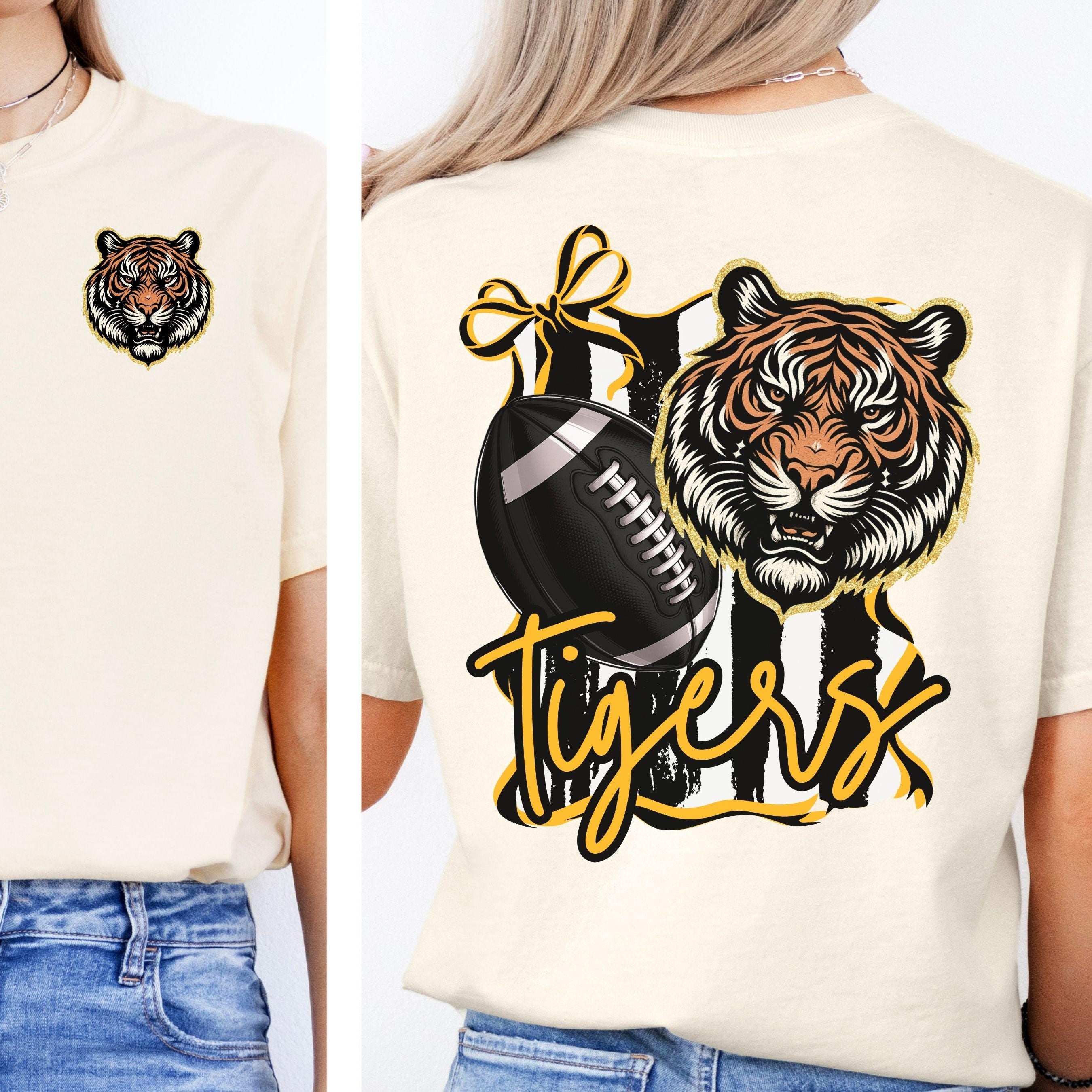 Tigers Coquette Bow Stripe Pattern Football PNG Black Gold