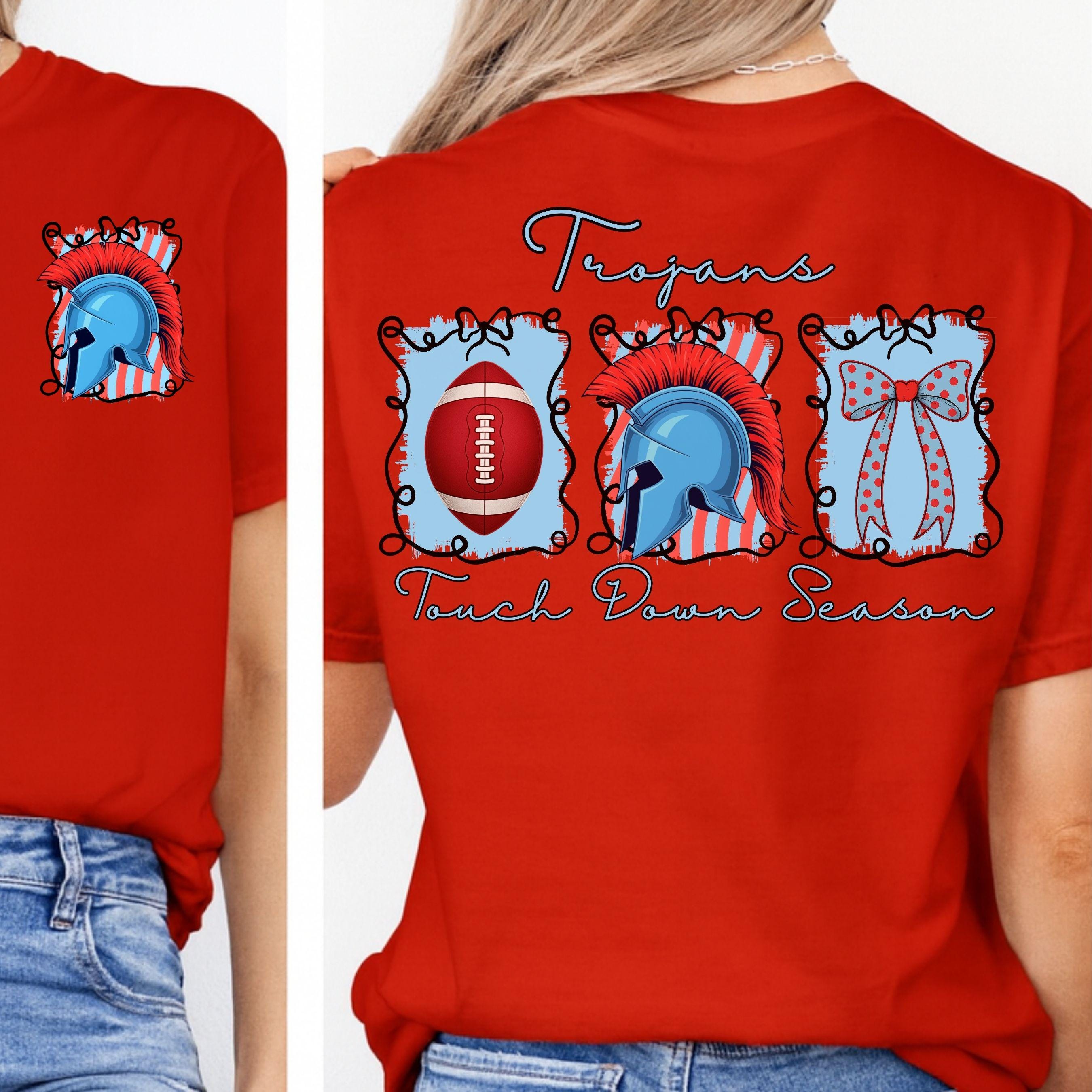 Trojans Coquette Bow Touch Down Season Football Light Blue Red PNG
