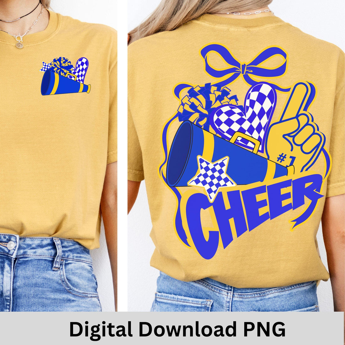 Cheer Spirit Blue & Gold Coquette Bow PomPom Design PNG