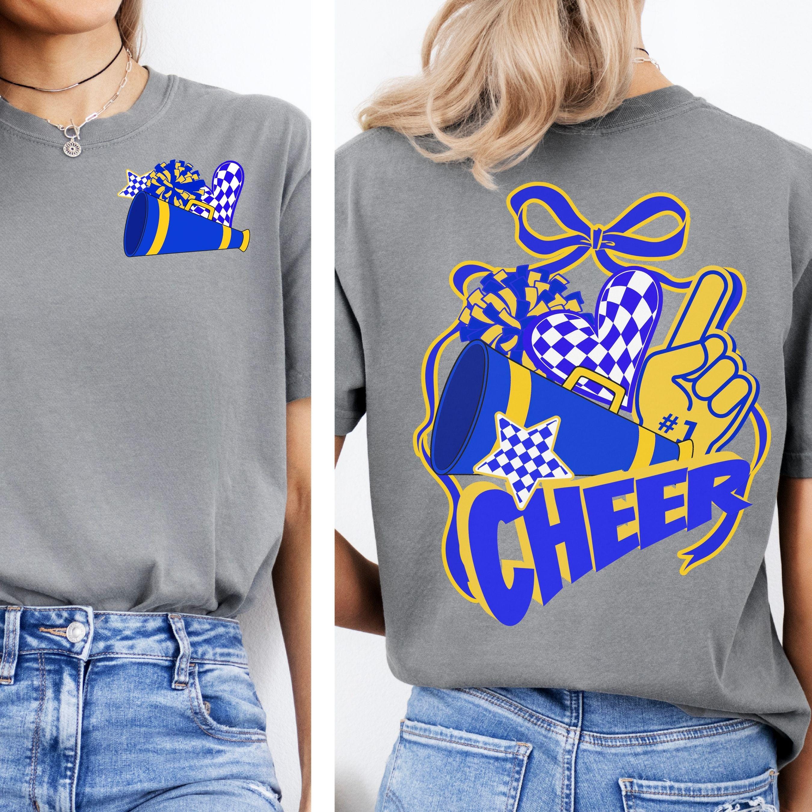 Cheer Spirit Blue & Gold Coquette Bow PomPom Design PNG
