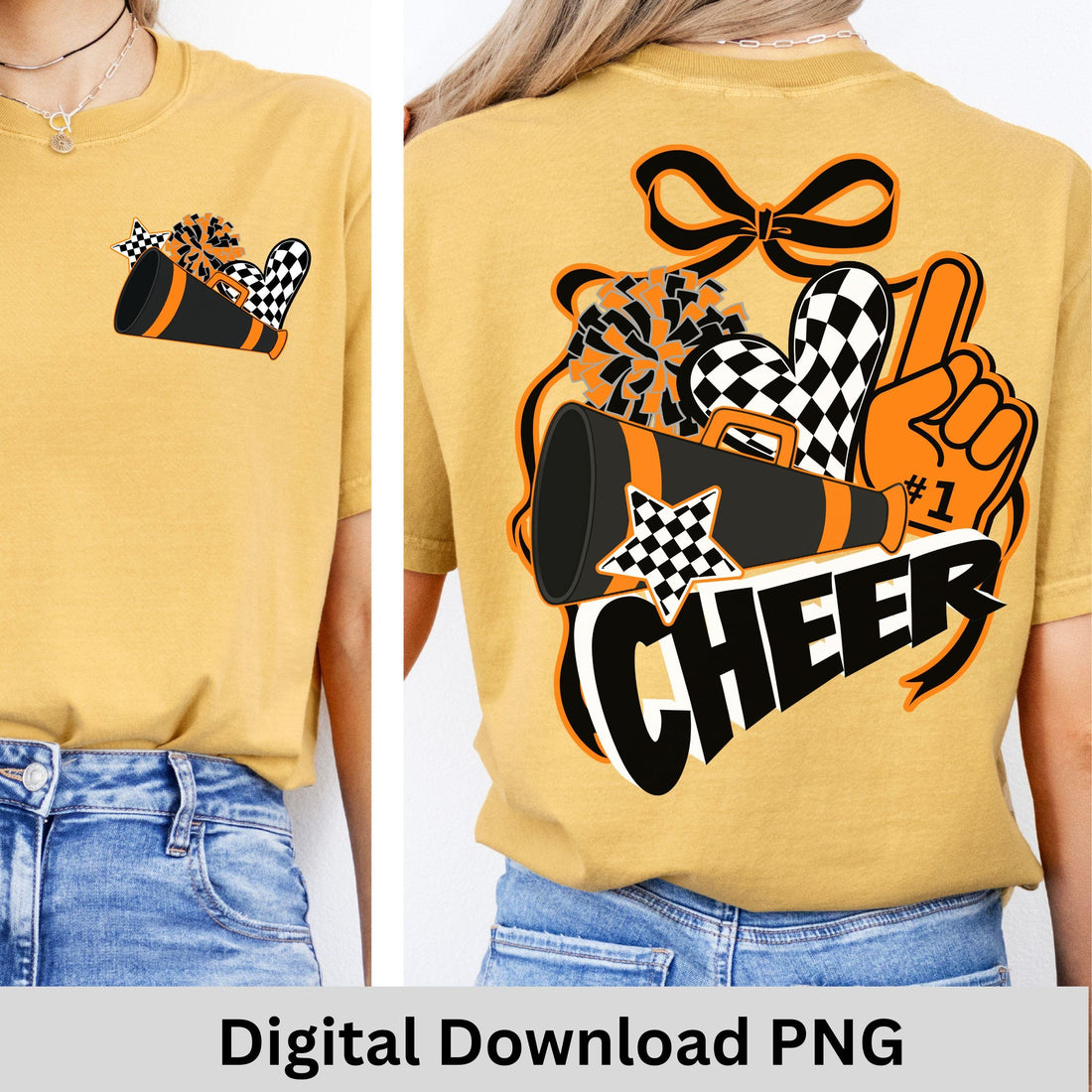 Cheer Spirit Black & Orange Coquette Bow PomPom Design PNG