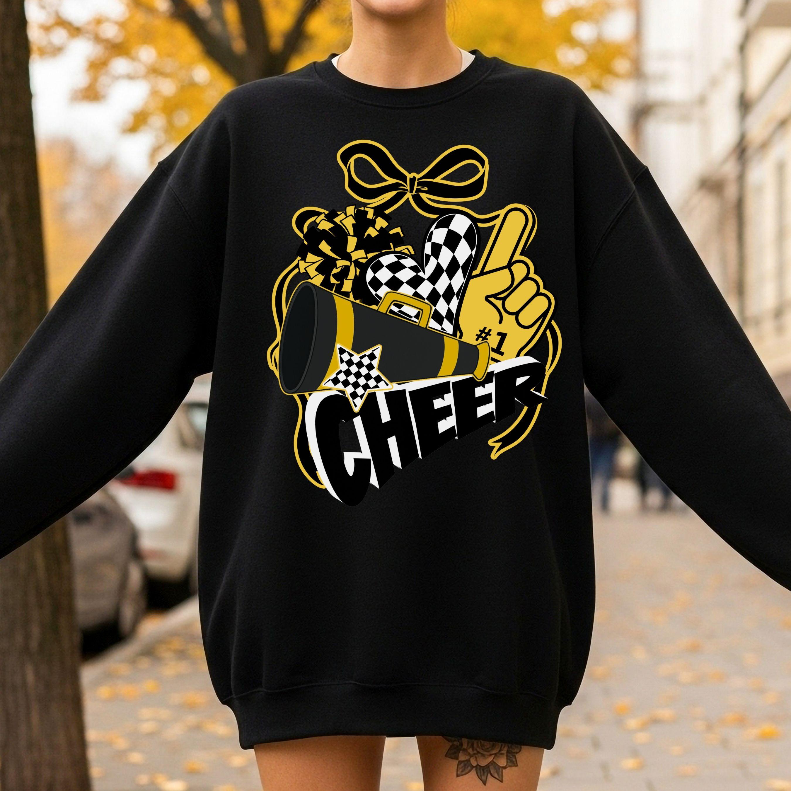 Cheer Spirit Black & Gold Coquette Bow PomPom Design PNG
